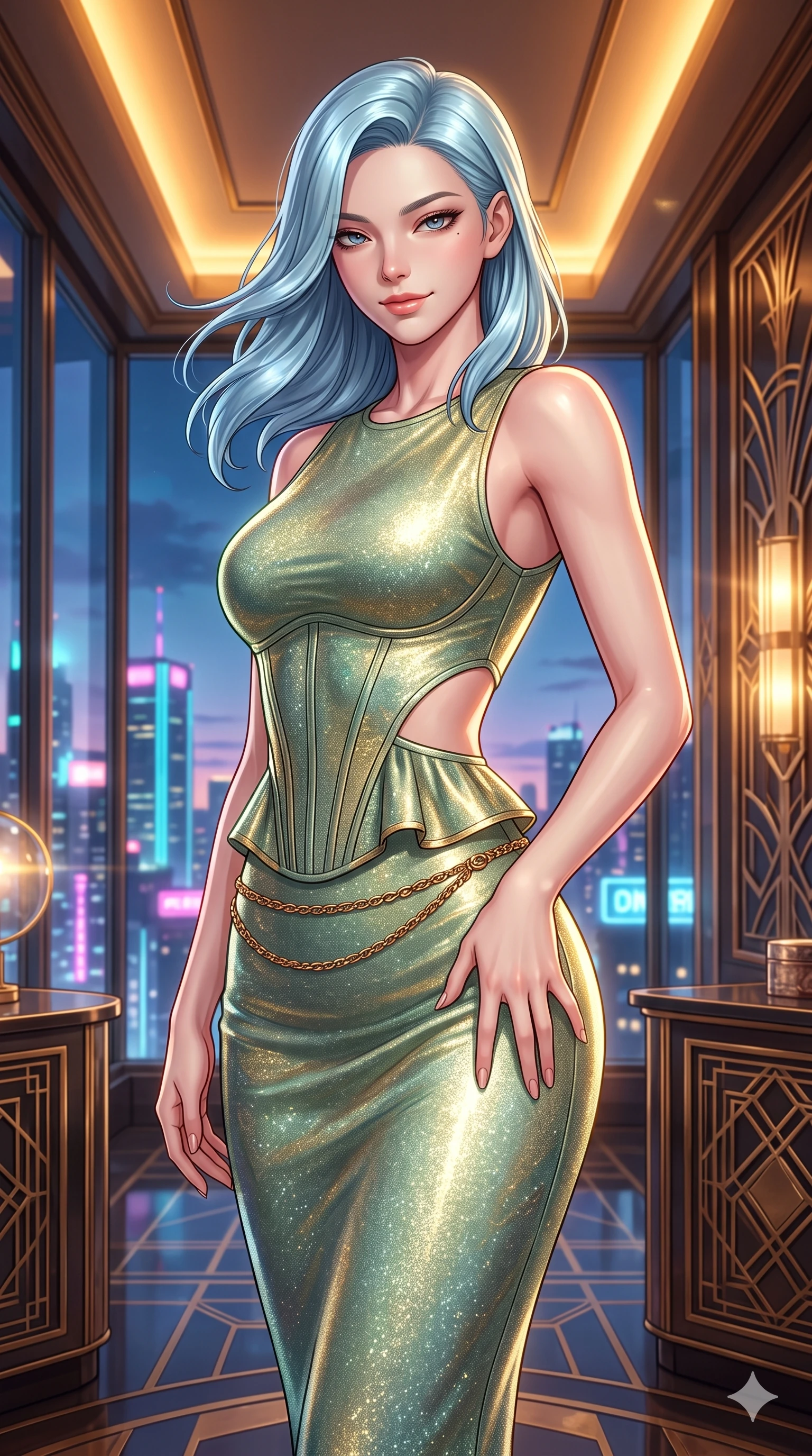 score_9, masterpiece, best quality, ultra-detailed, high-budget anime keyframe, semi-realistic 3D game render, editorial fashion photography, tasteful artistic composition, Korean woman. close-up cowboy shot from the waist and thighs up, the character dominates the composition, filling the frame with her large presence. tilting her head with a teasing half-smile, running one hand slowly down the side of her hip in a flirtatious S-curve as ambient light caresses her silhouette while turning slowly with an enchanting smoldering smile, her glossy hair tossing in the breeze as her hips angle gracefully in a captivating contrapposto. The surrounding environment is rendered in vivid detail and crisp panoramic clarity: detailed peplum corset gown tailoring, side-waist diamond cutouts, and opulent Art Deco interior in razor-sharp precision. She has an exceptionally elegant, slender, and willowy female figure with an ultra-slim waist, flat toned midriff, narrow ribcage, and sculpted feminine hips creating an alluring, slim hourglass silhouette without bulk. sharp v-shaped jawline, high-bridge nose, intricate jewel-like sparkling eyes with depth, thick eyelashes, glossy parted lips with a natural sheen, intensely captivating and seductive bedroom-eyes expression, exuding both youthful cute charm and sovereign luxury allure, flawlessly proportioned anatomical accuracy, strict slender model proportions, natural body alignment, perfectly sculpted long slender limbs, ultra-slim waistline, clean dynamic posture without body distortion. wearing a body-contouring metallic lurex knit column dress casting radiant starlight shimmer across her flat midriff in celadon jade and antique gold-leaf, made of fluid liquid jersey with seamless sculpting hold and smooth contours, accented with a delicate gold chain belt resting loosely on her curvy hips, the form-contouring cut accentuating her sculpted flat midriff, narrow delicate ribcage, and gracefully curvy hips with intoxicating allure. bathed in the prestigious warm 2600K amber glow of recessed Art Deco cove lighting combined with cool neon skyline fill through panoramic glass. highly saturated vibrant anime colors, detailed shading with soft gradients, rich glossy textures, high-contrast stereoscopic depth, volumetric dynamic lighting, master piece, 9:16 ratio