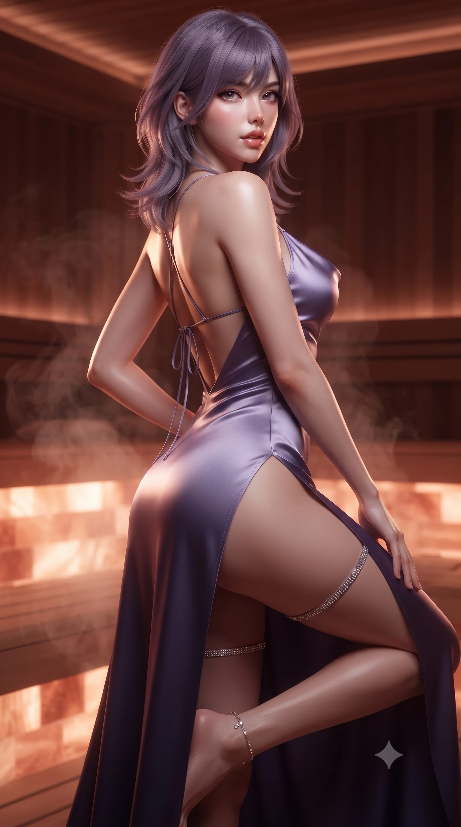 score_9, masterpiece, best quality, ultra-detailed, high-budget anime keyframe, editorial fashion photography, tasteful artistic composition, Japanese woman. close-up cowboy shot from the waist and thighs up, the character dominates the composition, filling the frame with her large presence. posing in an alluring rear three-quarter angle, looking over a bare shoulder with parted glossy lips, her hips cocked back to highlight her slim hourglass curve while twisting her slender torso in an alluring S-curve, glowing amber-pink salt light and sauna steam tracing her flat midriff and curvy hips. The surrounding environment is rendered in vivid detail and crisp panoramic clarity: detailed wet-look lycra swimwear cling, delicate ankle chain gleam, and bespoke yacht spa craftsmanship in high resolution. She has an exceptionally elegant, slender, and willowy female figure with an ultra-slim waist, flat toned midriff, narrow ribcage, and sculpted feminine hips creating an alluring, slim hourglass silhouette without bulk. sharp v-shaped jawline, high-bridge nose, sparkling eyes with hypnotic seductive depth, thick curled eyelashes, glossy parted lips with a natural dewy peach sheen, alluring bedroom-eyes with an enchanting coquettish smile, exuding magnetic siren charisma and sophisticated glamour, flawlessly proportioned anatomical accuracy, strict slender model proportions, natural body alignment, perfectly sculpted long slender limbs, ultra-slim waistline, clean dynamic posture without body distortion. wearing a plunging cowl-neck liquid silk satin slip gown with daring hip-high double slits and delicate back ties in twilight lavender and midnight indigo, tailored from ultra-plush velvet with rich tactile depth and deep shadow gradients, finished with delicate crystal-encrusted thigh garter straps glinting in the dim light, the liquid-tight tailored fabric clinging flawlessly to her narrow waist and rounded feminine hips, emphasizing every millimeter of her sculpted slim hourglass curves without any bulky heaviness. illuminated by cedar wood bounce and sharp rose-gold rim lights defining her delicate clavicles, ultra-slim waist, and curvy hips. ultra-reflective glossy finish, specular highlights, rich textural contrasts, high-contrast stereoscopic depth, volumetric dynamic lighting, 2k, ultra detail, master piece, 9:16 ratio