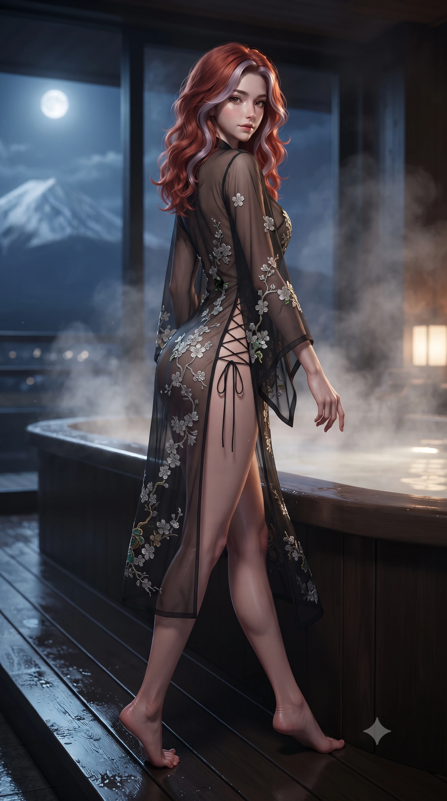 score_9, masterpiece, best quality, ultra-detailed, high-budget anime keyframe, editorial fashion photography, tasteful artistic composition, Caucasian woman. low angle full-body shot from head to toe showing her feet, filling the entire 9:16 vertical frame with her statuesque presence, stretching her vertical silhouette. walking along the terrace with poise, looking back over her bare shoulder with an irresistible smoldering bedroom-gaze while leaning against the smooth hinoki tub rim with hips cocked back, looking through rising thermal vapor with intoxicating bedroom-eyes. The background shows a soft-focus billowing cedar bath steam softened in ultra-exclusive ryokan penthouse shallow focus. She has an exceptionally tall and slender model-like 8.5-heads proportion, an ultra-slim waist, a flat toned midriff, narrow delicate ribcage, and beautifully sculpted feminine hips creating a graceful, slim hourglass silhouette without any bulky heaviness, with impossibly long slender legs. sharp v-shaped jawline, high-bridge nose, intricate jewel-like sparkling eyes with depth, thick eyelashes, glossy parted lips with a natural peach sheen, bright cheerful beaming smile with an enchanting and coquettish sensual glint, exuding both youthful cute charm and seductive allure, flawlessly proportioned anatomical accuracy, strict slender model proportions, natural body alignment, perfectly sculpted long slender limbs, ultra-slim waistline, clean dynamic posture without body distortion. wearing a provocative sheer noir illusion mesh kimono dress with embroidered silver cherry blossom motifs framing her curves in French Concession jade green and gilded bronze, made of sheer gossamer chiffon that drapes softly against skin with airy translucence, featuring fine criss-cross lace-up side ties revealing tantalizing glimpses of her hip curve, the high-slit wrap tailoring accentuating her ultra-slim waistline and the enchanting curve of her feminine hips with alluring seductive charm. bathed in the majestic silver moonlight illuminating the snow peak combined with warm 2400K submerged tub LEDs. ultra-reflective glossy finish, specular highlights, rich textural contrasts, high-contrast stereoscopic depth, volumetric dynamic lighting, 2k, ultra detail, master piece, 9:16 ratio