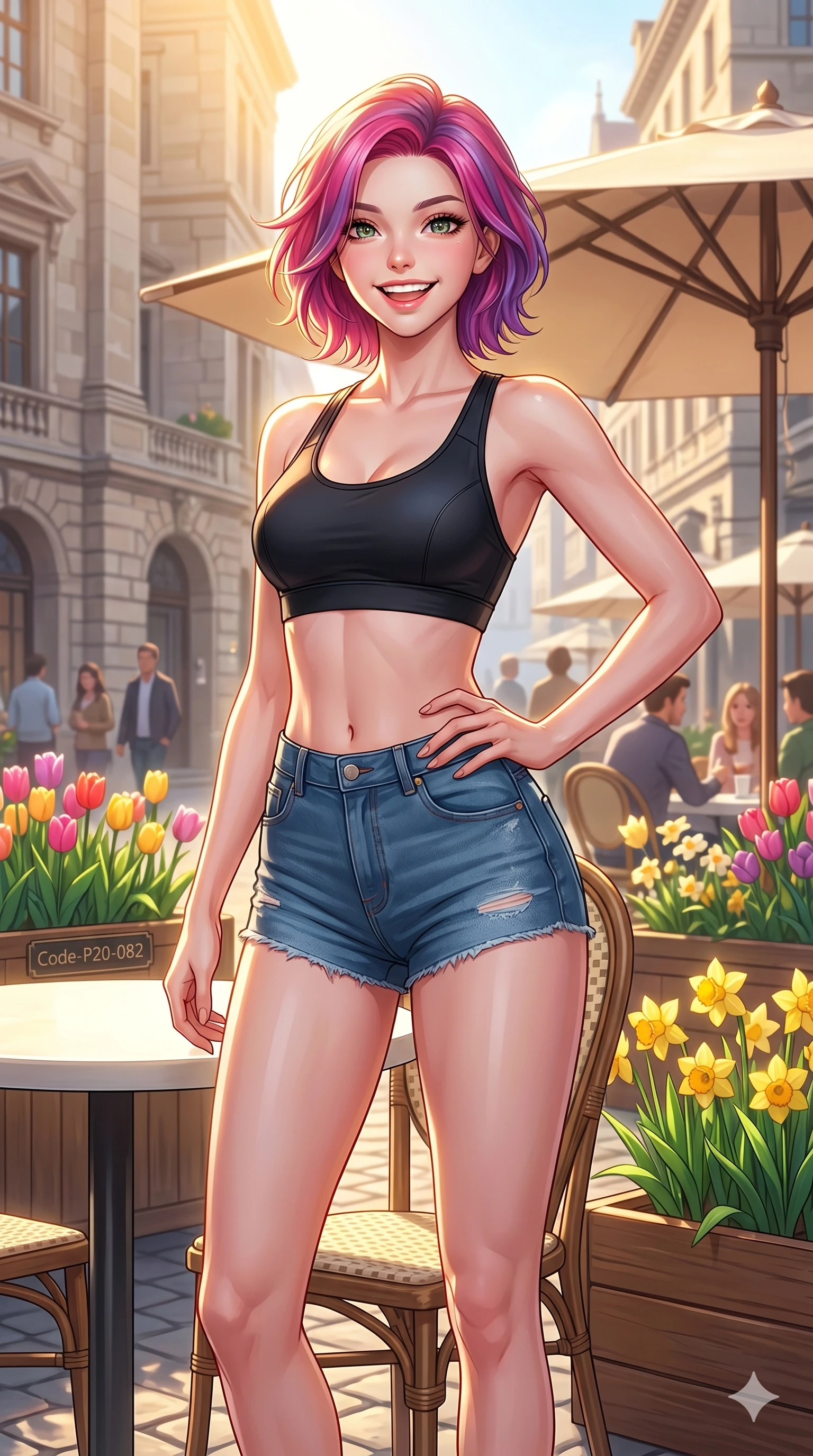 score_9, masterpiece, best quality, ultra-detailed, high-budget anime keyframe, vibrant anime aesthetic, Caucasian woman, strictly human ears. cowboy shot from the thighs up, character and outfit filling the frame for maximum presence. She is posing with a bright grin, one hand on her hip, looking at the lens with joyful eyes by a bright outdoor café table in a city square (Code-P20-082). She has an absolutely perfect 8-heads proportion, an exceptionally tall and slender female figure with impossibly long slender legs and an ultra-slim waist. V-shaped jawline, high-bridge nose, intricate jewel-like eyes with depth, thick eyelashes, glossy lips with a natural sheen. wearing a sleek sports bra with high-waist denim micro-shorts. She is drenched in bright, golden afternoon sunshine that illuminates the spring flowers. 2k, ultra detail, master piece, 9:16 ratio