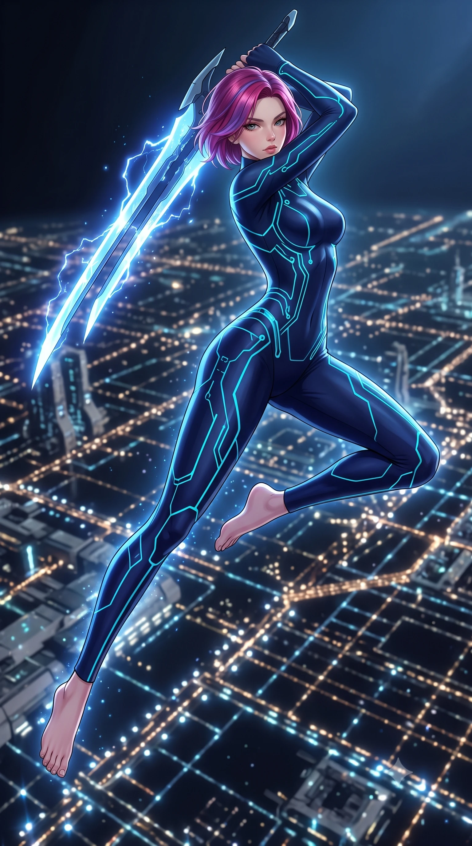 score_9, masterpiece, best quality, ultra-detailed, high-budget anime keyframe, editorial fashion photography, tasteful artistic composition, Caucasian woman. low angle full-body shot from head to toe showing her feet, filling the entire 9:16 vertical frame with her statuesque presence, stretching her vertical silhouette. leaping forward while slashing with a twin-bladed plasma sword in mid-air, her body-contouring suit showing her athletic silhouette, the background shows a soft-focus a panoramic star deck looking at the glittering grid of an orbital shipyard. She has an absolutely perfect, statuesque 8.5-heads proportion, an exceptionally tall and slender model-like female figure with impossibly long slender legs and an ultra-slim waist. sharp v-shaped jawline, high-bridge nose, intricate jewel-like eyes with depth, thick eyelashes, glossy lips with a natural sheen. wearing a body-hugging body-hugging deep navy nano-texturing catsuit decorated with thin, glowing cybernetic circuitry lines. glittering blue and white orbital dock lights from below tracing her silhouette. highly saturated vibrant anime colors, detailed shading with soft gradients, rich glossy textures, high-contrast stereoscopic depth, volumetric dynamic lighting, master piece, 9:16 ratio