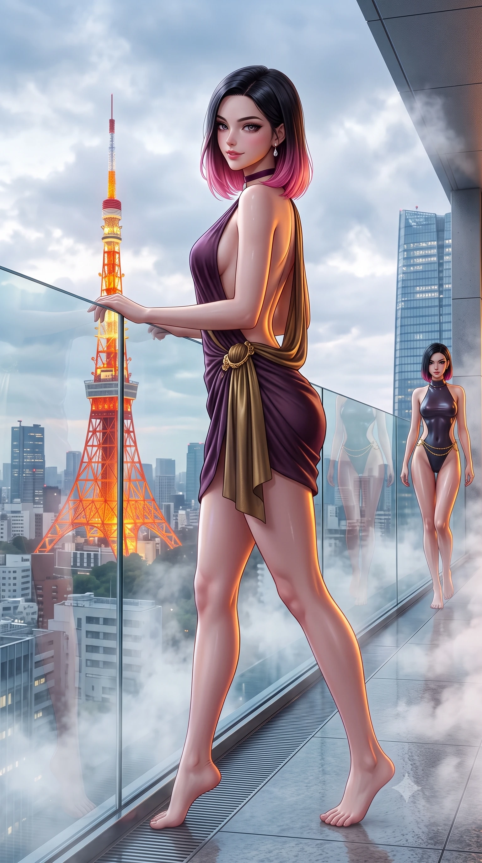 score_9, masterpiece, best quality, ultra-detailed, high-budget anime keyframe, semi-realistic 3D game render, editorial fashion photography, tasteful artistic composition, Korean woman. low angle full-body shot from head to toe showing her feet, filling the entire 9:16 vertical frame with her statuesque presence, stretching her vertical silhouette. walking along the terrace with poise, looking back over her bare shoulder with an irresistible smoldering bedroom-gaze while leaning against the infinity edge glass barrier with hips cocked back, looking through rising mineral steam toward the blazing orange Tokyo Tower. The surrounding environment is rendered in vivid detail and crisp panoramic clarity: detailed wet-look high-cut monokini cling, delicate gold waist chain shine, and Tokyo skyscraper engineering in razor-sharp precision. She has an absolutely perfect, statuesque 8.5-heads proportion, an exceptionally tall and slender model-like female figure with impossibly long slender legs, an ultra-slim waist, a flat toned midriff, narrow delicate ribcage, and beautifully sculpted feminine hips creating a graceful, slim hourglass silhouette without any bulky heaviness. sharp v-shaped jawline, high-bridge nose, sparkling eyes with hypnotic seductive depth, thick curled eyelashes, glossy parted lips with a natural dewy peach sheen, alluring bedroom-eyes with an enchanting coquettish smile, exuding magnetic siren charisma and sophisticated glamour, flawlessly proportioned anatomical accuracy, strict slender model proportions, natural body alignment, perfectly sculpted long slender limbs, ultra-slim waistline, clean dynamic posture without body distortion. wearing a draped Greek-goddess style silk chiffon mini toga dress with an open back and golden hip fibula in rich dark plum violet and gilded antique brass, woven from buttery-soft stretch lambskin leather adhering to her body like a second skin, finished with a thin velvet ribbon choker and a single teardrop diamond pendant, the high-slit wrap tailoring accentuating her ultra-slim waistline and the enchanting curve of her feminine hips with alluring seductive charm. illuminated by steam cloud light scatter and sharp electric-amber rim lights sculpting her jawline, flat midriff, and voluptuous hip curves. highly saturated vibrant anime colors, detailed shading with soft gradients, rich glossy textures, high-contrast stereoscopic depth, volumetric dynamic lighting, master piece, 9:16 ratio
