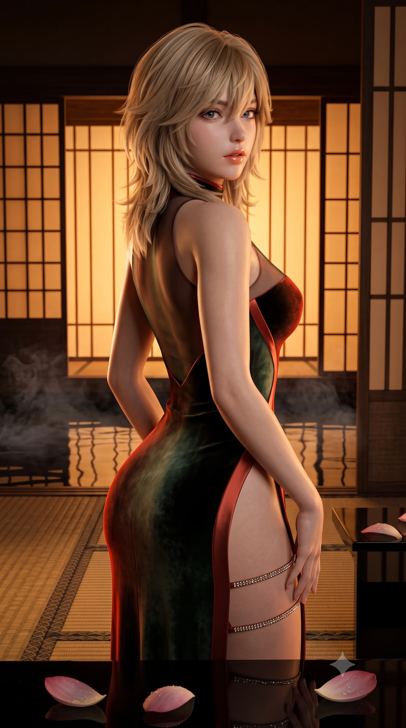 score_9, masterpiece, best quality, ultra-detailed, high-budget anime keyframe, semi-realistic 3D game render, editorial fashion photography, tasteful artistic composition, Japanese woman. close-up cowboy shot from the waist and thighs up, the character dominates the composition, filling the frame with her large presence. posing in an alluring rear three-quarter angle, looking over a bare shoulder with parted glossy lips, her hips cocked back to highlight her slim hourglass curve while twisting her slender torso in an alluring S-curve, delicate rising pond steam and warm shoji paper lantern glows tracing her silhouette. The surrounding environment is rendered in vivid detail and crisp panoramic clarity: sharp piano-black lacquer reflection clarity, lotus petal dew drops, and woven tatami edging in deep focus. She has an exceptionally elegant, slender, and willowy female figure with an ultra-slim waist, flat toned midriff, narrow ribcage, and sculpted feminine hips creating an alluring, slim hourglass silhouette without bulk. sharp v-shaped jawline, high-bridge nose, sparkling eyes with hypnotic seductive depth, thick curled eyelashes, glossy parted lips with a natural dewy peach sheen, alluring bedroom-eyes with an enchanting coquettish smile, exuding magnetic siren charisma and sophisticated glamour, flawlessly proportioned anatomical accuracy, strict slender model proportions, natural body alignment, perfectly sculpted long slender limbs, ultra-slim waistline, clean dynamic posture without body distortion. wearing a provocative high-neck sheer illusion cocktail dress with liquid satin ribbons contouring her curves in Kyoto bamboo jade and lacquer vermilion, tailored from ultra-plush velvet with rich tactile depth and deep shadow gradients, finished with delicate crystal-encrusted thigh garter straps glinting in the dim light, the form-contouring silhouette accentuating her sculpted flat midriff, narrow delicate ribcage, and gracefully curvy hips with intoxicating allure. bathed in warm 2600K amber light radiating from sliding shoji screens mixed with dark water specular reflection. highly saturated vibrant anime colors, detailed shading with soft gradients, rich glossy textures, high-contrast stereoscopic depth, volumetric dynamic lighting, master piece, 9:16 ratio