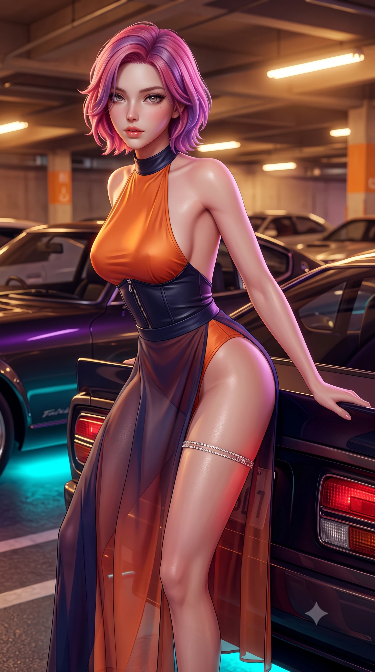 score_9, masterpiece, best quality, ultra-detailed, high-budget anime keyframe, semi-realistic 3D game render, editorial fashion photography, tasteful artistic composition, Caucasian woman. close-up cowboy shot from the waist and thighs up, the character dominates the composition, filling the frame with her large presence. leaning forward while arching her lower back to accentuate her curvy hips, looking into the camera with an intoxicating smoldering gaze and bedroom-eyes while leaning against the sleek rear spoiler of a customized vintage sports car with hips cocked back, casting a daring bedroom-gaze. The surrounding environment is rendered in vivid detail and crisp panoramic clarity: detailed leatherette corset top texture, metallic zipper shine, and Daikoku parking lot architecture in razor-sharp resolution. She has an exceptionally elegant, slender, and willowy female figure with an ultra-slim waist, flat toned midriff, narrow ribcage, and sculpted feminine hips creating an alluring, slim hourglass silhouette without bulk. sharp v-shaped jawline, high-bridge nose, sparkling eyes with hypnotic seductive depth, thick curled eyelashes, glossy parted lips with a natural dewy peach sheen, alluring bedroom-eyes with an enchanting coquettish smile, exuding magnetic siren charisma and sophisticated glamour, flawlessly proportioned anatomical accuracy, strict slender model proportions, natural body alignment, perfectly sculpted long slender limbs, ultra-slim waistline, clean dynamic posture without body distortion. wearing a liquid-tight backless silk halter leotard styled with a sheer wrap overskirt revealing her long slender legs and hip curve in sunset tangerine orange and deep navy indigo, made of semi-opaque stretch illusion mesh with soft shadowy contours, accented with a delicate crystal-encrusted thigh garter strap glinting under the lights, the high-slit wrap tailoring accentuating her ultra-slim waistline and the enchanting curve of her feminine hips with alluring seductive charm. bathed in warm industrial sodium-vapor parking floodlights mixed with vibrant car neon underglow. highly saturated vibrant anime colors, detailed shading with soft gradients, rich glossy textures, high-contrast stereoscopic depth, volumetric dynamic lighting, master piece, 9:16 ratio
