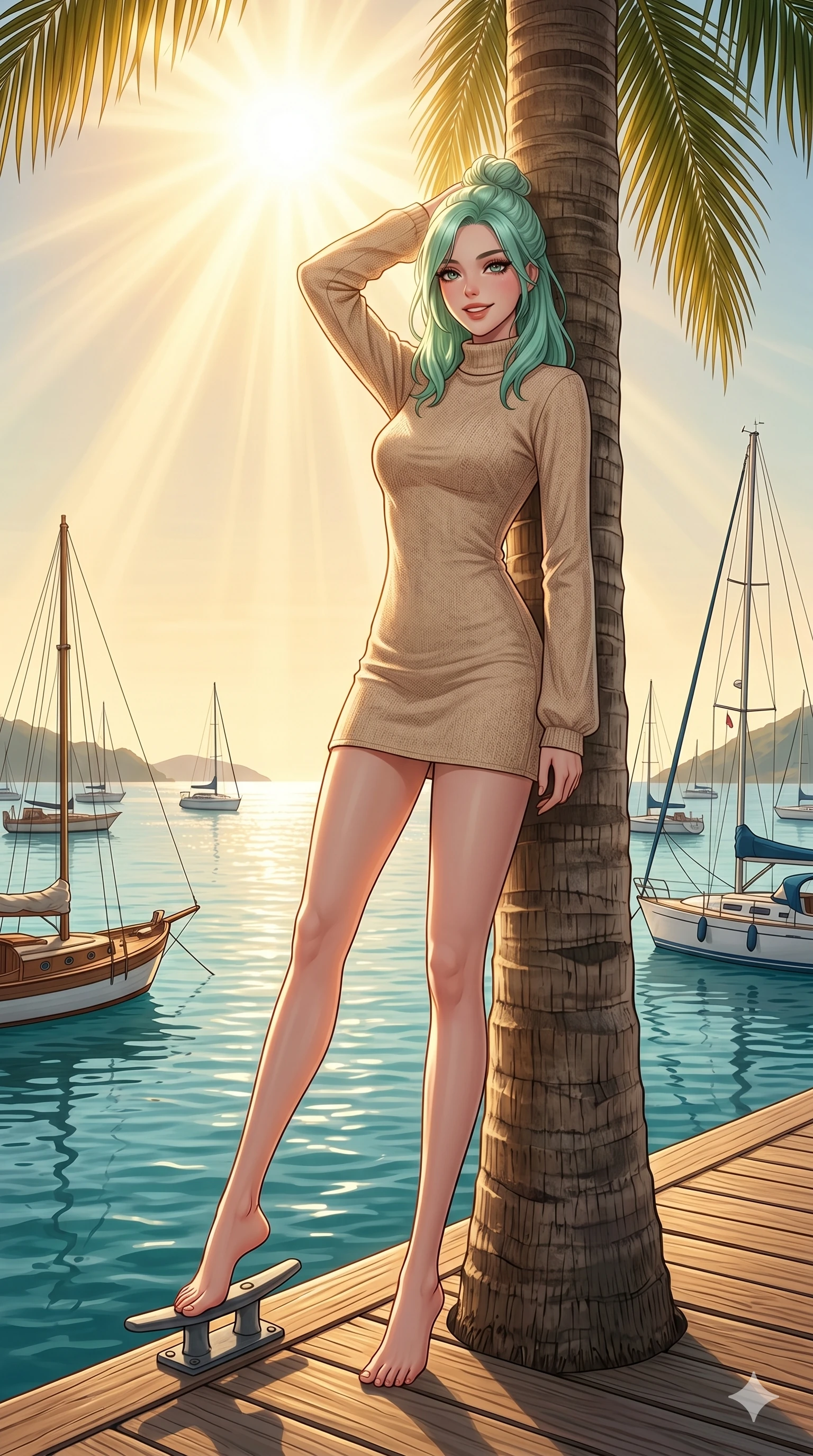 score_9, masterpiece, best quality, ultra-detailed, high-budget anime keyframe, editorial fashion photography, tasteful artistic composition, Japanese woman. low angle full-body shot from head to toe showing her feet, filling the entire 9:16 vertical frame with her statuesque presence, stretching her vertical silhouette. leaning back against a palm trunk, her lips parted slightly in a confident smile on a wooden dock beside a calm sea filled with drifting sailboats (Code-P19-039). She has an absolutely perfect 8-heads proportion, an exceptionally tall and slender female figure with impossibly long slender legs and an ultra-slim waist. V-shaped jawline, high-bridge nose, intricate jewel-like eyes with depth, thick eyelashes, glossy lips with a natural sheen. wearing a modern high-neck resort dress with long sleeves in a textured sand-colored cotton. brilliant golden rays radiating from the summer sun, creating a warm glowing aura. 2k, ultra detail, master piece, 9:16 ratio
