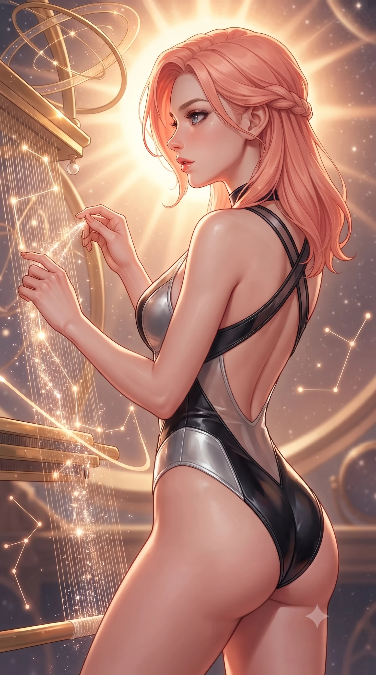 score_9, masterpiece, best quality, ultra-detailed, high-budget anime keyframe, editorial fashion photography, tasteful artistic composition, Japanese woman. close-up cowboy shot from the waist and thighs up, the character dominates the composition, filling the frame with her large presence, background elements kept in soft focus. Turning her face in sharp dramatic profile against the bright light, showcasing her sharp v-shaped jawline threading brilliant comet dust through a golden celestial loom, glowing constellation lines tracing intricate patterns nearby. She has an exceptionally elegant, slender, and willowy female figure with an ultra-slim waist, a gracefully sculpted slender torso, and a refined silhouette. sharp v-shaped jawline, high-bridge nose, intricate jewel-like eyes with depth, thick eyelashes, glossy lips with a natural sheen. wearing a high-cut translucent vinyl leotard with front paneling and open back in matte black and polished silver, made of premium stretch velvet with a rich sheen, complemented by criss-cross back straps highlighting her bare shoulders, the sleek second-skin texture accentuating her magnetic presence. bathed in warm sunbursts filtering through floating orbital rings. highly saturated vibrant anime colors, detailed shading with soft gradients, rich glossy textures, high-contrast stereoscopic depth, volumetric dynamic lighting, master piece, 9:16 ratio