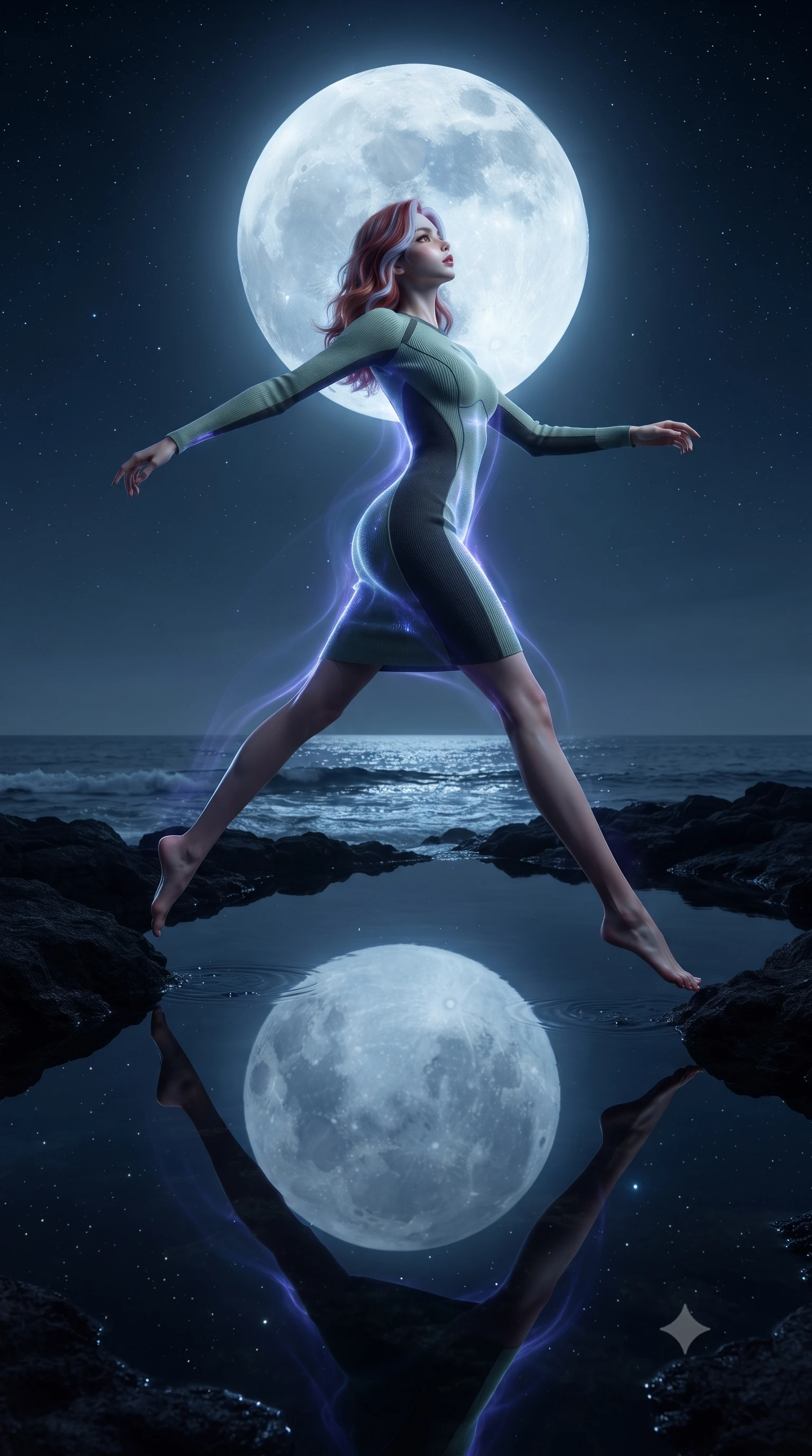 score_9, masterpiece, best quality, ultra-detailed, high-budget anime keyframe, editorial fashion photography, tasteful artistic composition, Caucasian woman, strictly human ears. low angle full-body shot from head to toe showing her feet, filling the entire 9:16 vertical frame with her statuesque presence, stretching her vertical silhouette. vaulting dynamically through a natural volcanic rock pool that perfectly mirrors the enormous full moon hanging low above creating a double-moon illusion the gentle tide lapping at obsidian edges and star reflections shimmering in the dark water. She has a statuesque 8.5-heads proportion, an exceptionally tall, slender and willowy model-like build with impossibly long legs and a highly sculpted ultra-slim waist. sharp v-shaped jawline, high-bridge nose, intricate jewel-like eyes with depth, thick eyelashes, glossy lips with a natural sheen. wearing a form-fitting athletic-cut knit dress in sage green and charcoal, with sculpted seams that trace her slender waistline. cool ethereal blue-violet bioluminescent glow wrapping around her from all sides. 2k, ultra detail, master piece, 9:16 ratio