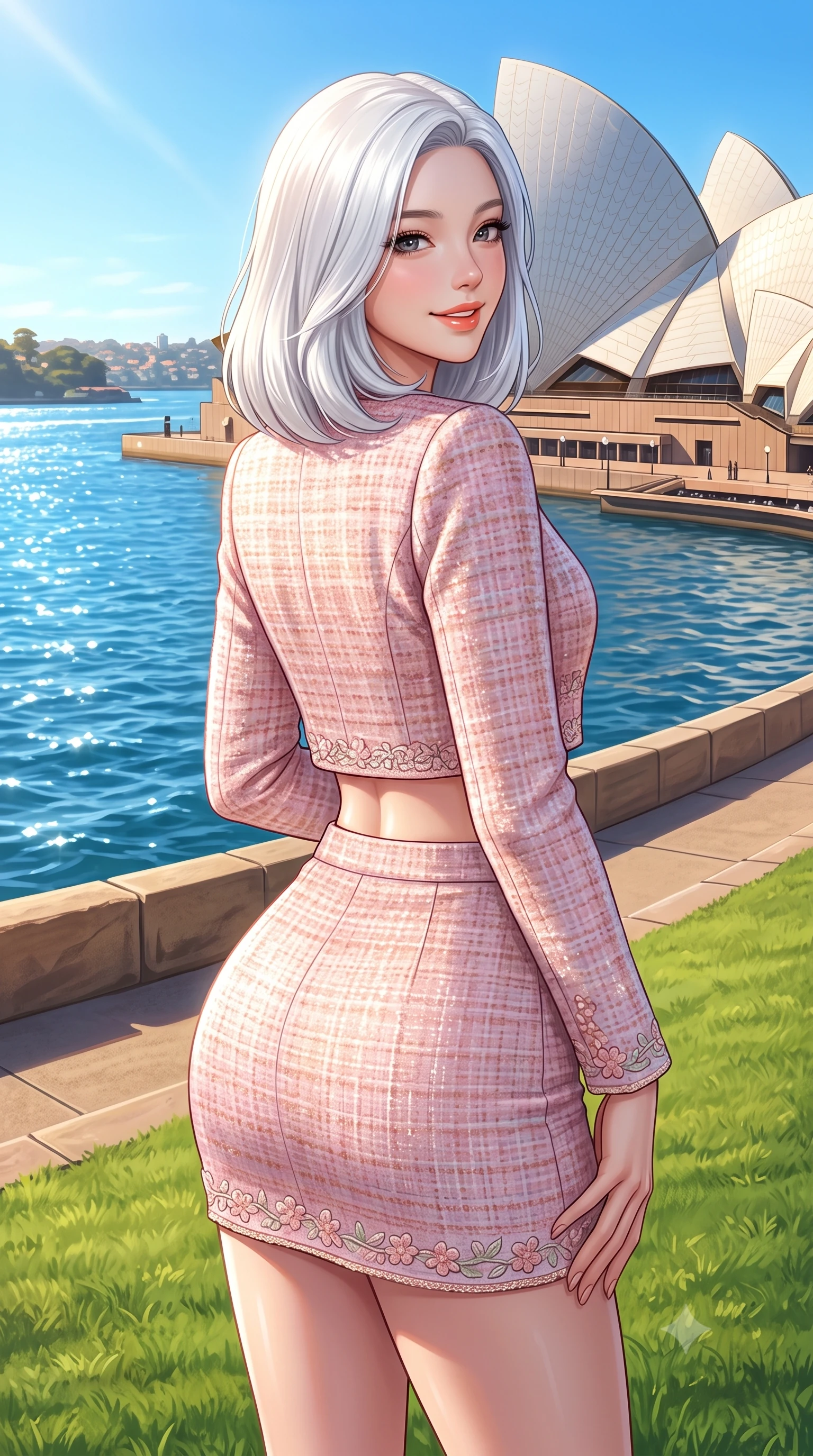 score_9, masterpiece, best quality, ultra-detailed, high-budget anime keyframe, semi-realistic 3D game render, editorial fashion photography, tasteful artistic composition, Korean woman. close-up cowboy shot from the waist and thighs up, the character dominates the composition, filling the frame with her large presence. posing in an alluring rear three-quarter angle, turning over a bare shoulder with an intoxicating cute smile, her hips cocked back to highlight her slim hourglass curve while standing on the sloping green lawn directly overlooking the sparkling blue harbour, arching her back with an infectious, sun-kissed smile. The surrounding environment is rendered in vivid detail and crisp panoramic clarity. sharp sandstone seawall textures, Opera House ceramic tile clarity, and harbour water ripple caustics in deep focus. She has an exceptionally elegant, slender, and willowy female figure with an ultra-slim waist, flat toned midriff, narrow ribcage, and sculpted feminine hips creating an alluring, slim hourglass silhouette without bulk. sharp v-shaped jawline, high-bridge nose, intricate jewel-like sparkling eyes with depth, thick eyelashes, glossy parted lips with a natural peach sheen, bright cheerful beaming smile with an enchanting and coquettish sensual glint, exuding both youthful cute charm and seductive allure, flawlessly proportioned anatomical accuracy, strict slender model proportions, natural body alignment, perfectly sculpted long slender limbs, ultra-slim waistline, clean dynamic posture without body distortion. wearing a cute pastel tweed two-piece set with a cropped jacket and ultra-fitted high-waisted mini skirt tracing her hips in cherry blossom pink and soft rose gold, tailored from soft pastel tweed with subtle metallic shimmer, complemented by delicate embroidered floral trim along the hem, the form-contouring cut accentuating her sculpted flat midriff, narrow delicate ribcage, and gracefully curvy hips with supermodel precision. bathed in brilliant Australian golden afternoon sunlight and radiant sapphire water bounce fill. highly saturated vibrant anime colors, detailed shading with soft gradients, rich glossy textures, high-contrast stereoscopic depth, volumetric dynamic lighting, master piece, 9:16 ratio