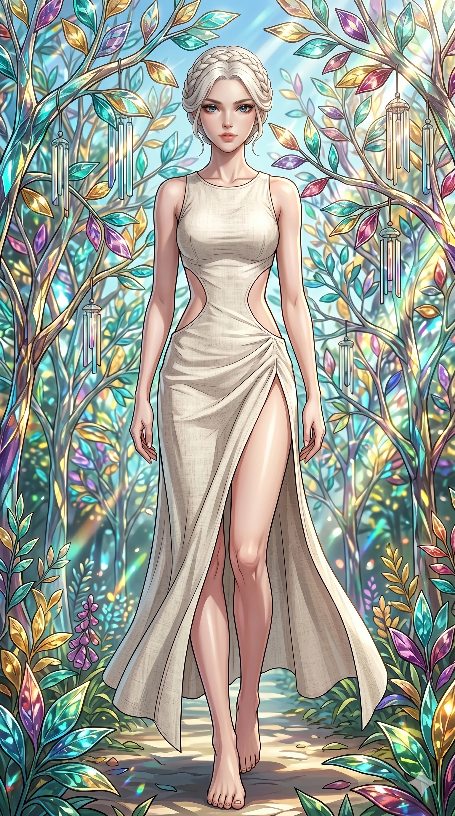score_9, masterpiece, best quality, ultra-detailed, Set C: High-budget Anime Keyframe, Korean woman. Low angle cowboy shot filling the entire 9:16 frame with her statuesque presence. Walking through a garden of glass trees that chime in the wind. She has an absolutely perfect 8-heads proportion, an exceptionally tall and slender female figure with impossibly long slender legs and an ultra-slim waist. Sharp v-shaped jawline, high-bridge nose, intricate jewel-like eyes with depth, thick eyelashes, glossy lips. Wearing a Seasonal/Resort outfit: linen sundress with side cut-outs and a high side slit. Background is a bright and colorful fantasy garden with prismatic glass leaves and vibrant light. 2k, ultra detail, master piece, 9:16 ratio