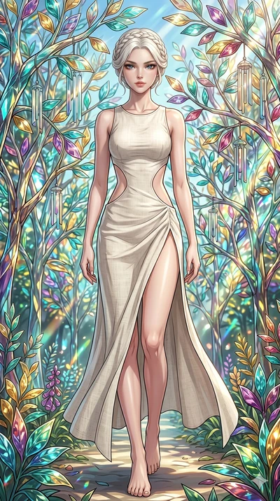 score_9, masterpiece, best quality, ultra-detailed, Set C: High-budget Anime Keyframe, Korean woman. Low angle cowboy shot filling the entire 9:16 frame with her statuesque presence. Walking through a garden of glass trees that chime in the wind. She
