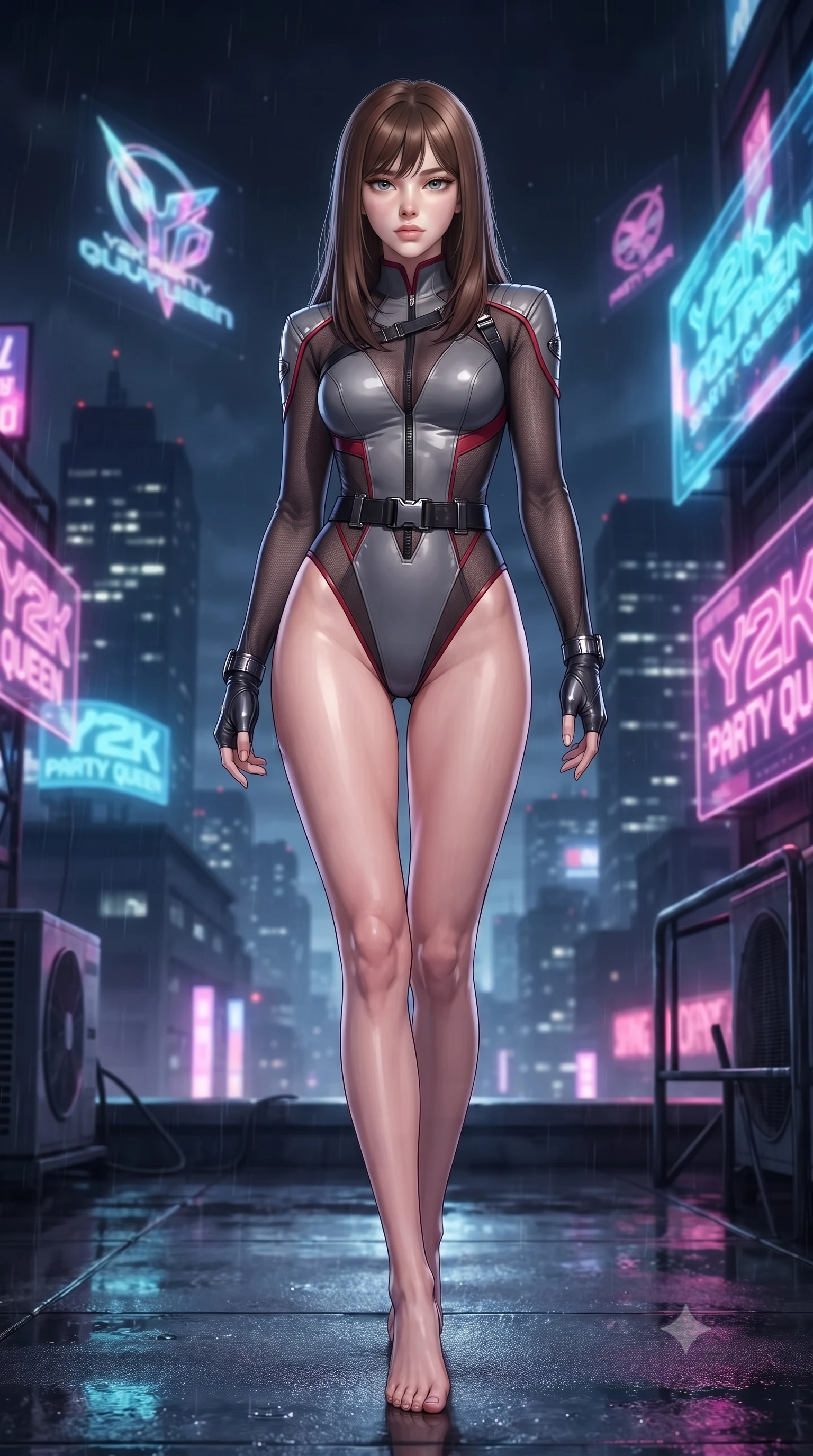 score_9, masterpiece, best quality, ultra-detailed, high-budget anime keyframe, editorial fashion photography, tasteful artistic composition, Korean woman. low angle full-body shot from head to toe showing her feet, filling the entire 9:16 vertical frame with her statuesque presence, stretching her vertical silhouette. pivoting dynamically with supreme athletic balance and poise, her impossibly long slender legs creating a breathtaking line while pivoting with energetic street-dance momentum as giant holographic animated logos flash across the night sky behind her. The composition keeps background elements in soft focus with creamy bokeh. rain-slicked rooftop structures and distant megacity smog softened in dynamic shallow depth of field. She has an absolutely perfect, statuesque 8.5-heads proportion, an exceptionally tall and slender model-like female figure with impossibly long slender legs, a toned flat midriff, and an ultra-slim waist. sharp v-shaped jawline, high-bridge nose, intricate jewel-like eyes with depth, thick eyelashes, glossy lips with a natural sheen, captivating and magnetic expression, flawlessly proportioned anatomical accuracy, strict slender model proportions, natural body alignment, perfectly sculpted long slender limbs, ultra-slim waistline, clean dynamic posture without body distortion. wearing a sharp asymmetrical spy bodysuit with sheer contouring mesh panels, reinforced strike shoulders, and utility waist harness in storm grey and dark scarlet trim, made of high-mobility liquid jersey and semi-opaque reinforced mesh, accented with concealed lockpick wristbands and polished dark chrome hardware edition #16, the precision-cut daring openings accentuating her delicate midriff, graceful bare collarbones, and ultra-slim feminine waistline. surrounded by a vibrant, fearless, and passionately energetic Y2K party queen aura. ultra-reflective glossy finish, specular highlights, rich textural contrasts, high-contrast stereoscopic depth, volumetric dynamic lighting, 2k, ultra detail, master piece, 9:16 ratio
