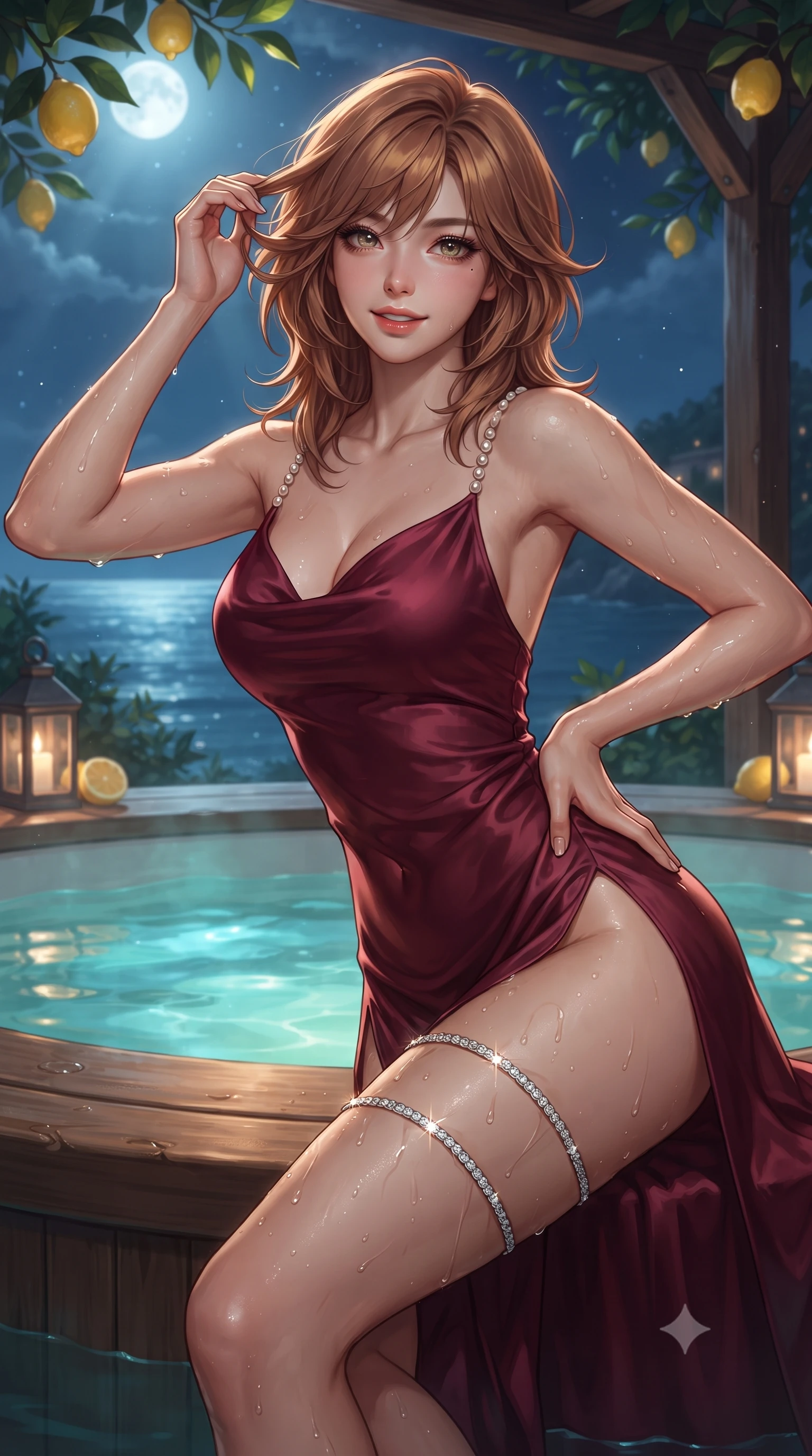 score_9, masterpiece, best quality, ultra-detailed, high-budget anime keyframe, editorial fashion photography, tasteful artistic composition, Korean woman. close-up cowboy shot from the waist and thighs up, the character dominates the composition, filling the frame with her large presence. twisting her slender torso in an alluring contrapposto stance, one hand resting on her sculpted hip while her fingers toy with her hair with effortless poise while lounging on the wide teak spa ledge propped on one elbow, her statuesque 8.5-heads silhouette commanding the moonlit Capri shoreline. The surrounding environment is rendered in vivid detail and crisp panoramic clarity: sharp rustic chestnut pergola wood grain, glossy yellow lemon rinds, and glistening water droplets on toned skin in deep focus. She has an exceptionally elegant, slender, and willowy female figure with an ultra-slim waist, flat toned midriff, narrow ribcage, and sculpted feminine hips creating an alluring, slim hourglass silhouette without bulk. sharp v-shaped jawline, high-bridge nose, sparkling eyes with hypnotic seductive depth, thick curled eyelashes, glossy parted lips with a natural dewy peach sheen, alluring bedroom-eyes with an enchanting coquettish smile, exuding magnetic siren charisma and sophisticated glamour, flawlessly proportioned anatomical accuracy, strict slender model proportions, natural body alignment, perfectly sculpted long slender limbs, ultra-slim waistline, clean dynamic posture without body distortion. wearing a plunging cowl-neck liquid silk satin sarong slip dress with daring hip-high double slits and pearl shoulder straps in Belle Époque bordeaux and gilded 24k gold, made of semi-opaque stretch illusion mesh with soft shadowy contours, finished with delicate crystal-encrusted thigh garter straps glinting in the dim light, the second-skin tailored fabric adhering flawlessly to her sculpted flat midriff and slender torso, emphasizing her long leg lines and perfectly proportioned willowy build. bathed in warm underwater turquoise hydro-spa illumination contrasting with silver moonbeams filtering through lemon leaves. ultra-reflective glossy finish, specular highlights, rich textural contrasts, high-contrast stereoscopic depth, volumetric dynamic lighting, 2k, ultra detail, master piece, 9:16 ratio