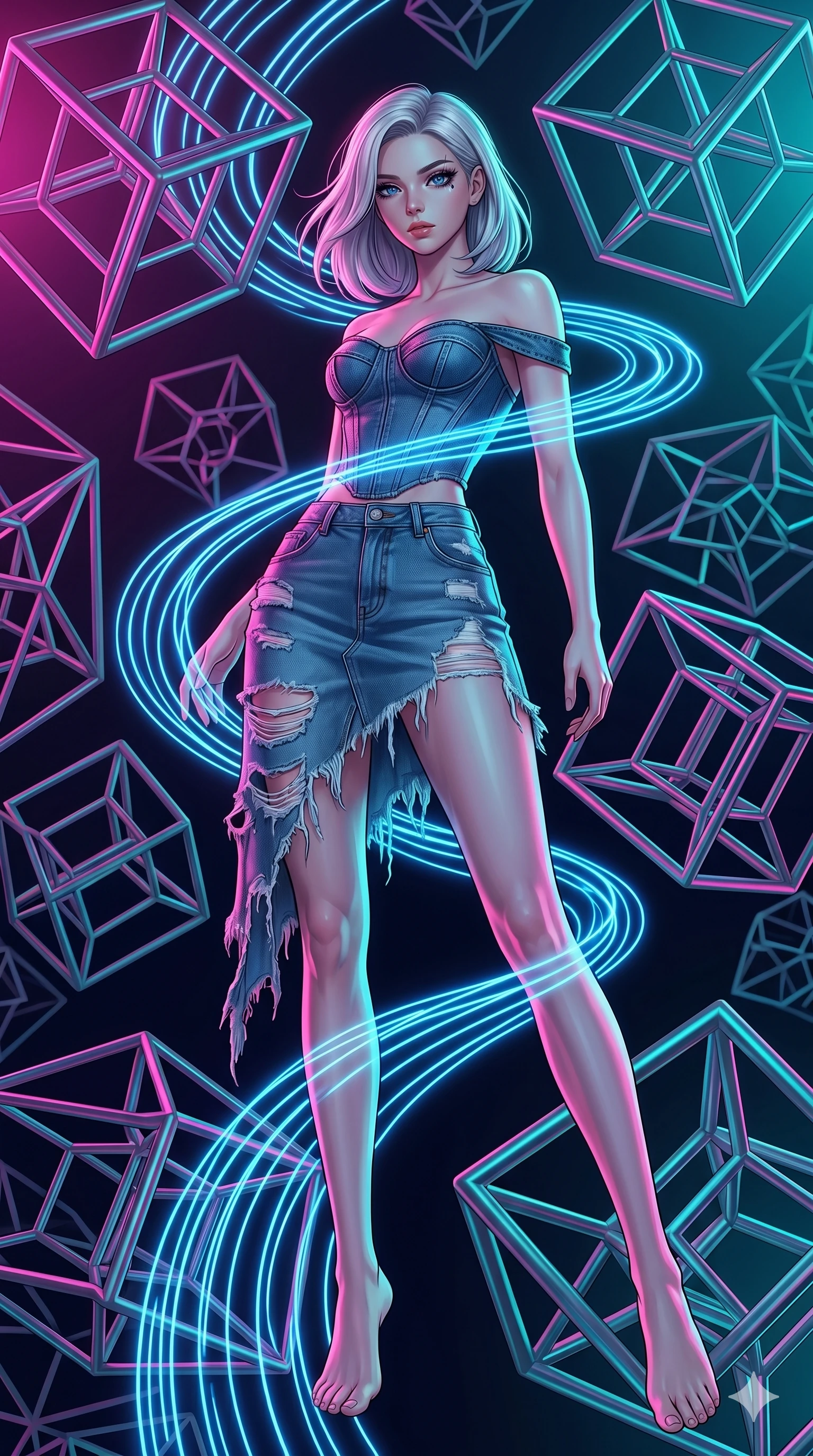 score_9, masterpiece, best quality, ultra-detailed, high-budget anime keyframe, editorial fashion photography, tasteful artistic composition, Caucasian woman, strictly human ears. low angle full-body shot from head to toe showing her feet, filling the entire 9:16 vertical frame with her statuesque presence, stretching her vertical silhouette. twisting her body around inside a mathematical void where 4D tesseracts rotate and morph continuously as neon blue fluid lines follow her path like light trails. She has an absolutely perfect 8-heads proportion, an exceptionally tall and slender female figure with impossibly long slender legs and an ultra-slim waist. V-shaped jawline, high-bridge nose, intricate jewel-like eyes with depth, thick eyelashes, glossy lips with a natural sheen.. wearing a deconstructed denim corset and an asymmetric ripped denim structured mini-skirt, showcasing a rugged yet chic off-shoulder style. lit by intense neon pink and turquoise dual-tone backlighting, creating a futuristic mood. 2k, ultra detail, master piece, 9:16 ratio