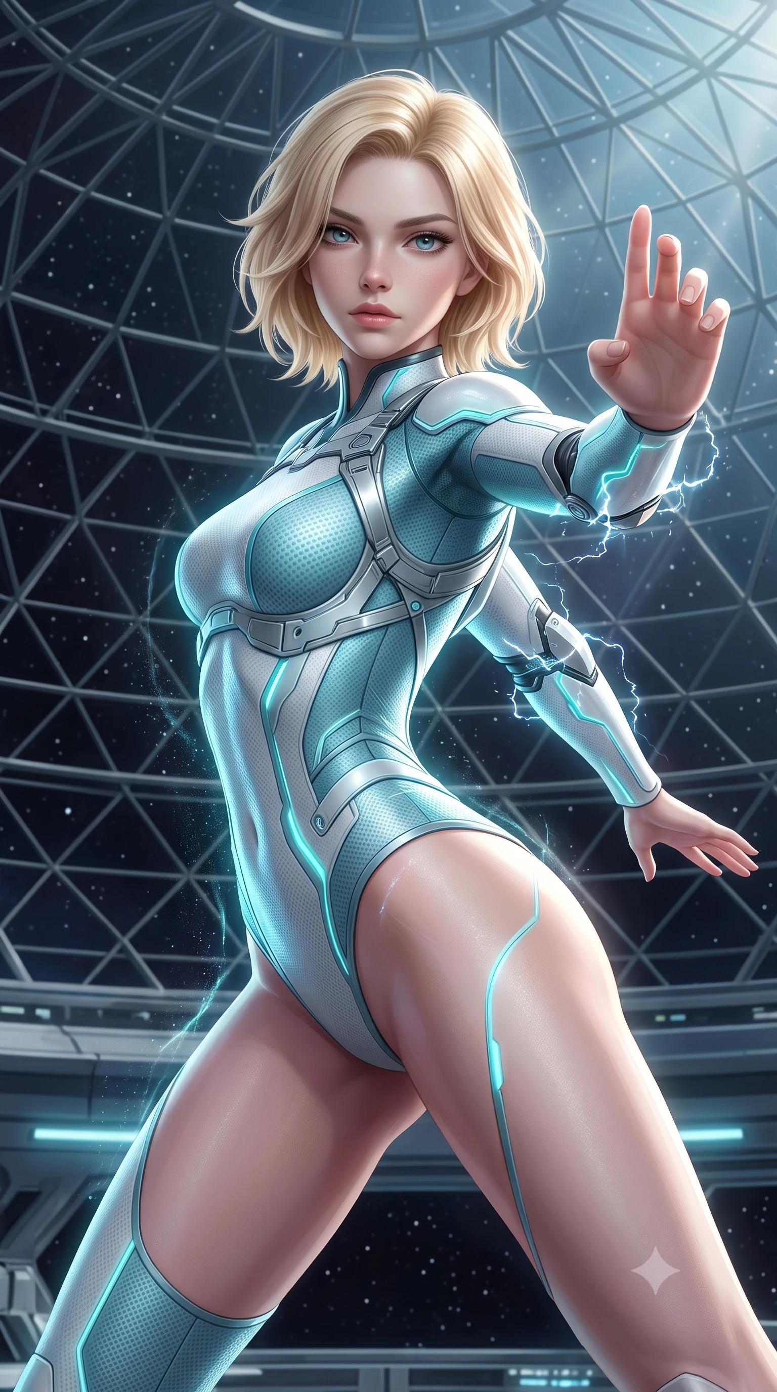 score_9, masterpiece, best quality, ultra-detailed, high-budget anime keyframe, semi-realistic 3D game render, editorial fashion photography, tasteful artistic composition, Caucasian woman. close-up cowboy shot from the waist and thighs up, the character dominates the composition, filling the frame with her large presence. twisting her upper body in a dynamic S-curve martial arts stance, cybernetic elbow dampers emitting subtle electric sparks as she aims a focused palm strike while arching her back gracefully in zero-gravity with arms outstretched in fluid kinetic tension as solar rays trace her torso. The surrounding environment is rendered in vivid detail and crisp panoramic clarity. detailed glass dome geometric lattices, zero-G particle distortion ripples, and starry void in high clarity. She has an exceptionally elegant, slender, and willowy female figure with an ultra-slim waist, a gracefully sculpted slender torso, toned flat midriff, and a refined slim silhouette. sharp v-shaped jawline, high-bridge nose, intricate jewel-like eyes with depth, thick eyelashes, glossy lips with a natural sheen, flawlessly proportioned anatomical accuracy, strict slender model proportions, natural body alignment, perfectly sculpted long slender limbs, ultra-slim waistline, clean dynamic posture without body distortion. wearing an ultra-sleek glacial-cyan and white carbon-mesh combat bodysuit with frost-resistant kinetic shock-absorber plating in glacial ice-cyan carbon mesh with pure white armor plates, tailored from flexible second-skin carbon-mesh that clings flawlessly to her athletic curves, reinforced by a sleek titanium kinetic harness and glowing micro-energy straps, the liquid-tight tailored fabric emphasizing every curve of her tall, slender model proportions and sculptured silhouette during dynamic movement. illuminated by crisp white key light and sharp specular highlights tracing her ultra-slim waist and long legs. rich saturated anime colors with glowing neon highlights, detailed shading with soft gradients, rich glossy textures, high-contrast stereoscopic depth, volumetric dynamic lighting, master piece, 9:16 ratio