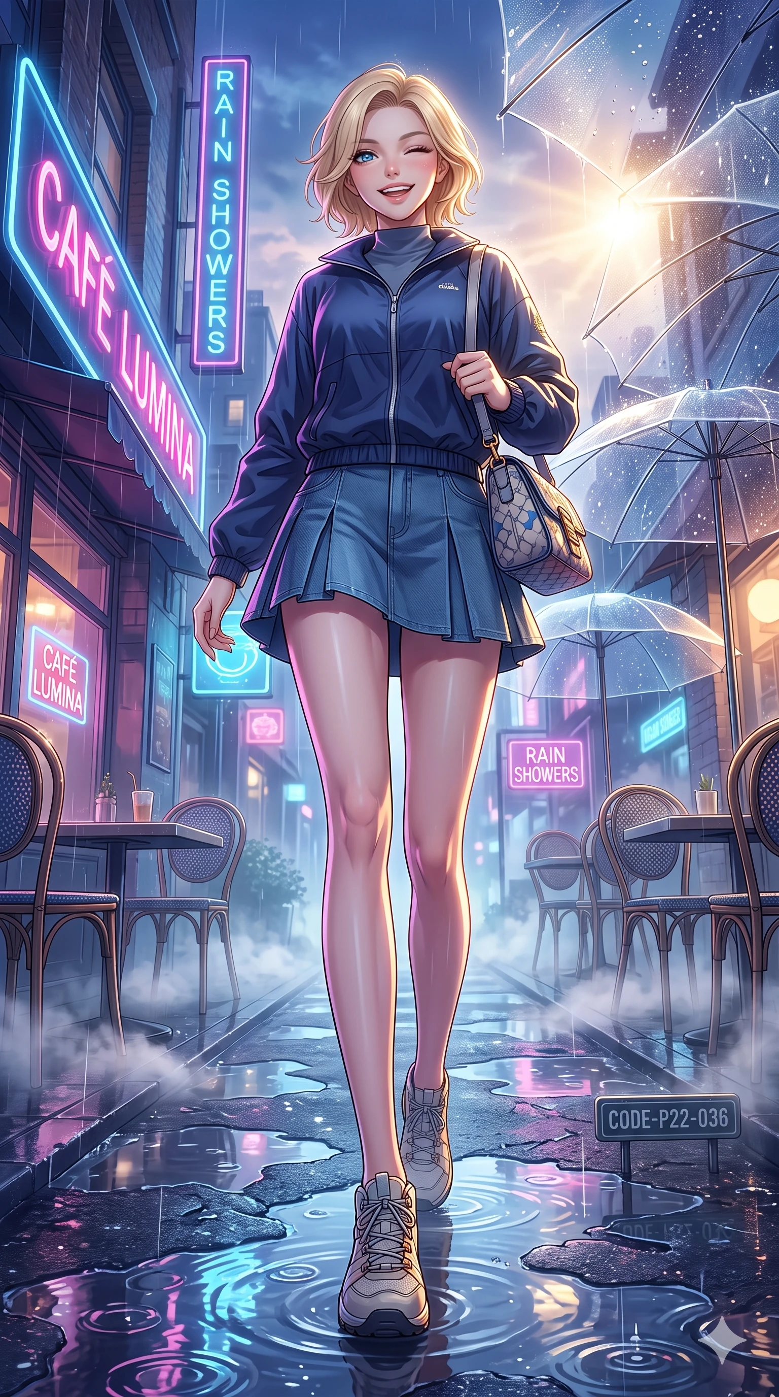 score_9, masterpiece, best quality, ultra-detailed, high-budget anime keyframe, vibrant anime aesthetic, Caucasian woman, strictly human ears. low angle full-body shot from head to toe showing her feet, filling the entire 9:16 vertical frame with her statuesque presence, stretching her vertical silhouette. She is walking down a rain-slicked path, winking and smiling cheerfully, gazing at the camera with sparkling eyes surrounded by fresh morning mist. by a glowing neon-lit cafe terrace overlooking a reflective puddle-filled street during a twilight shower (Code-P22-036). She has an absolutely perfect 8-heads proportion, an exceptionally tall and slender female figure with impossibly long slender legs and an ultra-slim waist. V-shaped jawline, high-bridge nose, intricate jewel-like eyes with depth, thick eyelashes, glossy lips with a natural sheen. wearing a modern windbreaker in navy over a high-neck shirt and a pleated denim skirt with a designer bag. She is drenched in brilliant morning sunshine reflecting off wet glass domes, highlighting her winking face and glossy lips during a refreshing sun shower. 2k, ultra detail, master piece, 9:16 ratio