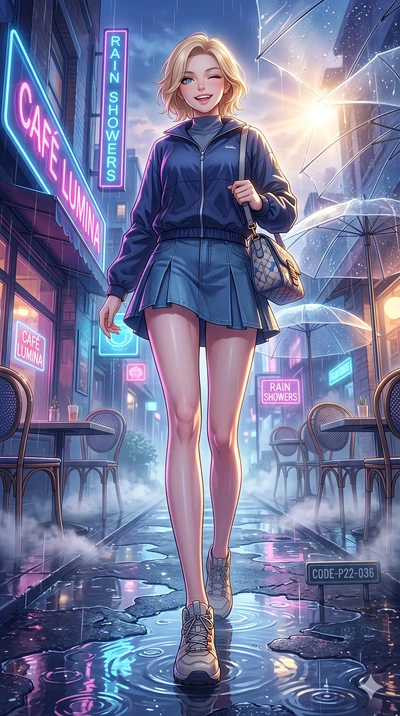 score_9, masterpiece, best quality, ultra-detailed, high-budget anime keyframe, vibrant anime aesthetic, Caucasian woman, strictly human ears. low angle full-body shot from head to toe showing her feet, filling the entire 9:16 vertical frame with her