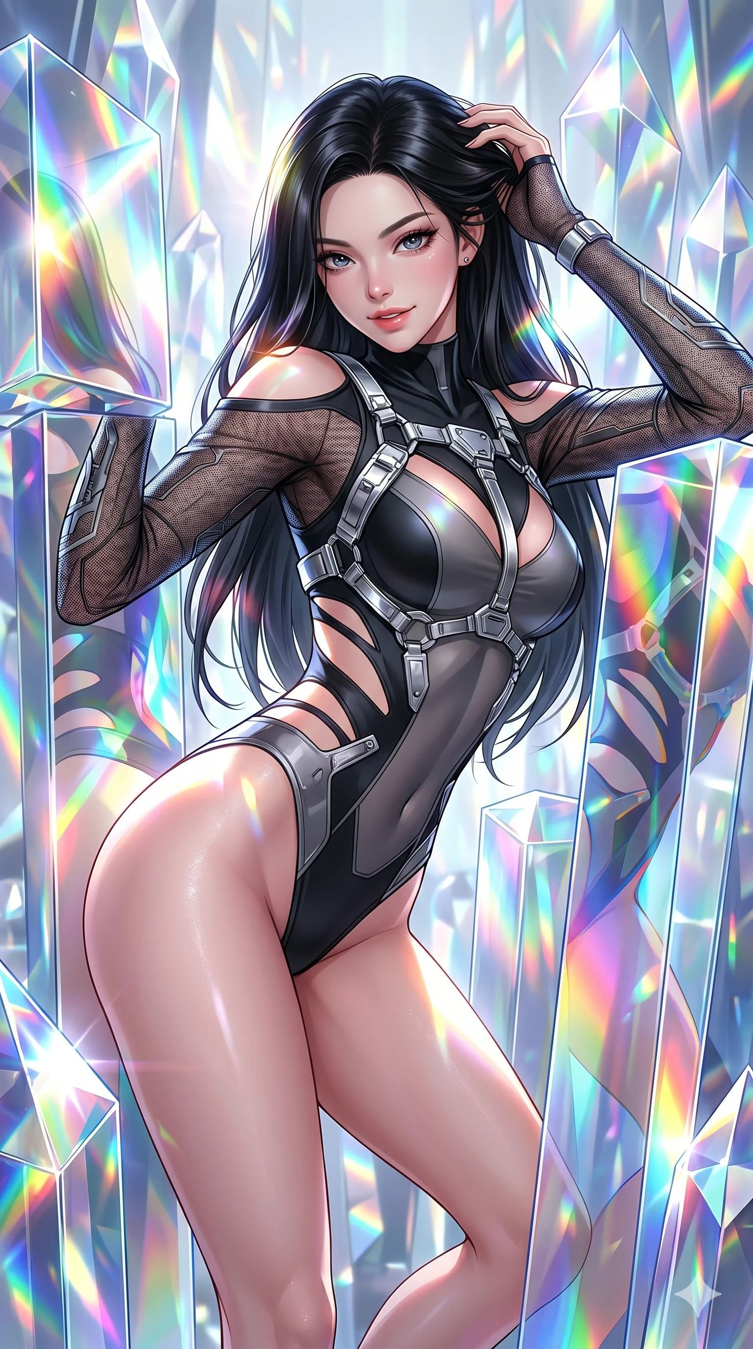 score_9, masterpiece, best quality, ultra-detailed, high-budget anime keyframe, editorial fashion photography, tasteful artistic composition, Korean woman. Upper body close-up from the thighs up, character filling the screen for maximum presence. She is bending sideways dynamically, reflecting in a maze of giant prismatic glass blocks that shower bright spectrums of light. She runs a hand through her hair with a playful, teasing expression. She has an absolutely perfect 8-heads proportion, an exceptionally tall and slender female figure with impossibly long slender legs and an ultra-slim waist. V-shaped jawline, high-bridge nose, intricate jewel-like eyes with depth, thick eyelashes, glossy lips with a natural sheen. She is wearing an ultra-sleek high-cut tech-bodysuit featuring dangerous diagonal slitted cutouts on the midriff and shoulders, reinforced by a metallic silver harness and sheer mesh sleeves. The scene is drenched in blindingly bright rainbow prismatic spotlights with sharp specular highlights. 2k, ultra detail, master piece, 9:16 ratio