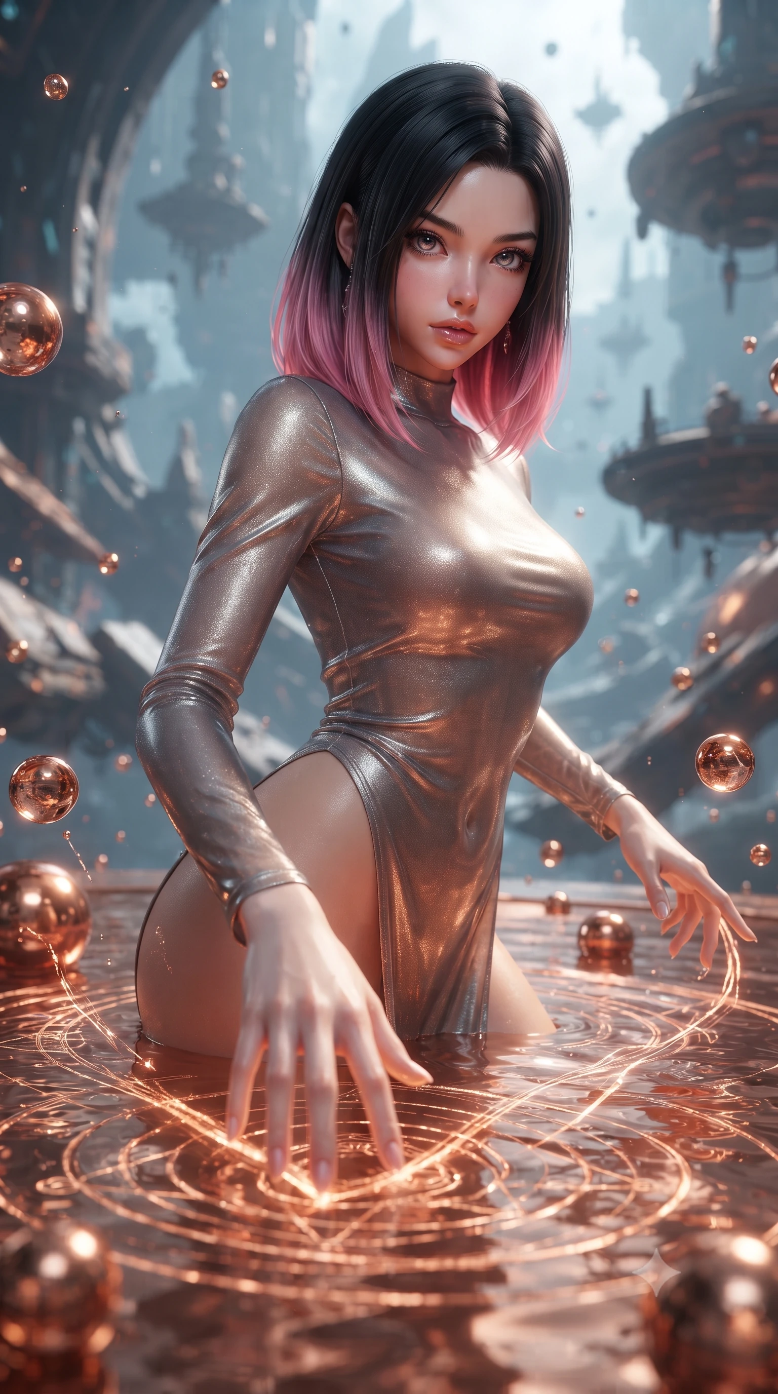 score_9, masterpiece, best quality, ultra-detailed, High-budget Anime Keyframe, editorial fashion photography, tasteful artistic composition, realistic cosplay photography, East Asian woman. Low angle cowboy shot filling the entire 9:16 frame with her statuesque presence. Scenario 376: tracing geometric patterns in a pool of warm liquid copper inside a zero-gravity sanctuary filled with floating water spheres. Her presence is magnetic and overpowering in this high-budget cinematic scene. Outfit 376: a body-hugging shimmering chiffon sheer with a high-cut leg line and tight-fitting silhouette. The clothing is designed to emphasize her exceptionally tall and slender 8-heads proportion. 8-heads proportion, towering silhouette, ultra-slim waist. sharp v-shaped jawline, intricate jewel-like eyes with depth, thick eyelashes, glossy lips. ultra-reflective glossy finish, specular highlights, metallic sheen, high-contrast stereoscopic depth, volumetric dynamic lighting, 2k, ultra detail, master piece, 9:16 ratio