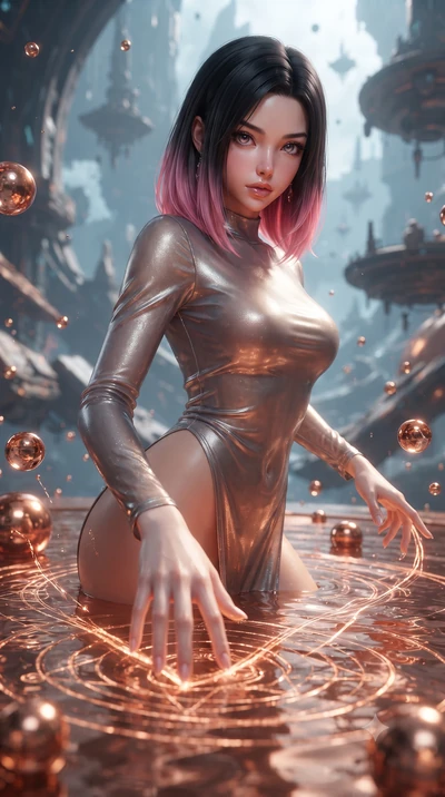 score_9, masterpiece, best quality, ultra-detailed, High-budget Anime Keyframe, editorial fashion photography, tasteful artistic composition, realistic cosplay photography, East Asian woman. Low angle cowboy shot filling the entire 9:16 frame with he