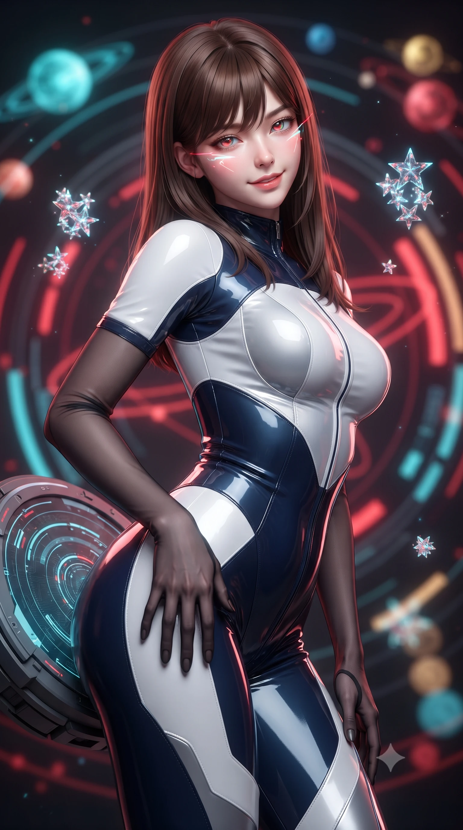 score_9, masterpiece, best quality, ultra-detailed, high-budget anime keyframe, editorial fashion photography, tasteful artistic composition, Korean woman. close-up cowboy shot from the waist and thighs up, the character dominates the composition, filling the frame with her large presence. tilting her head with a teasing half-smile, running one hand slowly down the side of her hip in a flirtatious S-curve as ambient light caresses her silhouette while leaning against the circular tactical holotank with hips cocked back, looking through glowing red and cyan fleet vectors with intoxicating smoldering bedroom-eyes. The background shows a soft-focus floating 3D holographic star clusters, pulsing red battle lines, and glowing planetary orbits blurred into cyan, crimson, and gold bokeh. She has an exceptionally elegant, slender, and willowy female figure with an ultra-slim waist, flat toned midriff, narrow ribcage, and sculpted feminine hips creating an alluring, slim hourglass silhouette without bulk. sharp v-shaped jawline, high-bridge nose, intricate jewel-like sparkling eyes with depth, thick eyelashes, glossy parted lips with a natural peach sheen, bright cheerful beaming smile with an enchanting and coquettish sensual glint, exuding both youthful cute charm and seductive allure, flawlessly proportioned anatomical accuracy, strict slender model proportions, natural body alignment, perfectly sculpted long slender limbs, ultra-slim waistline, clean dynamic posture without body distortion. wearing a sleek second-skin cyber-pilot bodysuit with high-gloss patent leather panels accentuating her ultra-slim waistline in pristine orbital navy white and silver starlight, crafted from bespoke double-faced cashmere with an exceptionally soft tactile finish, complemented by sheer opera-length evening gloves tracing her slender arms, the bespoke structured tailoring following the natural line of her 8.5-heads silhouette with refined elegance. illuminated by polished obsidian dais bounce and sharp starlight-cyan rim lights defining her razor-sharp jawline, narrow waist, and curvy hips. ultra-reflective glossy finish, specular highlights, rich textural contrasts, high-contrast stereoscopic depth, volumetric dynamic lighting, 2k, ultra detail, master piece, 9:16 ratio