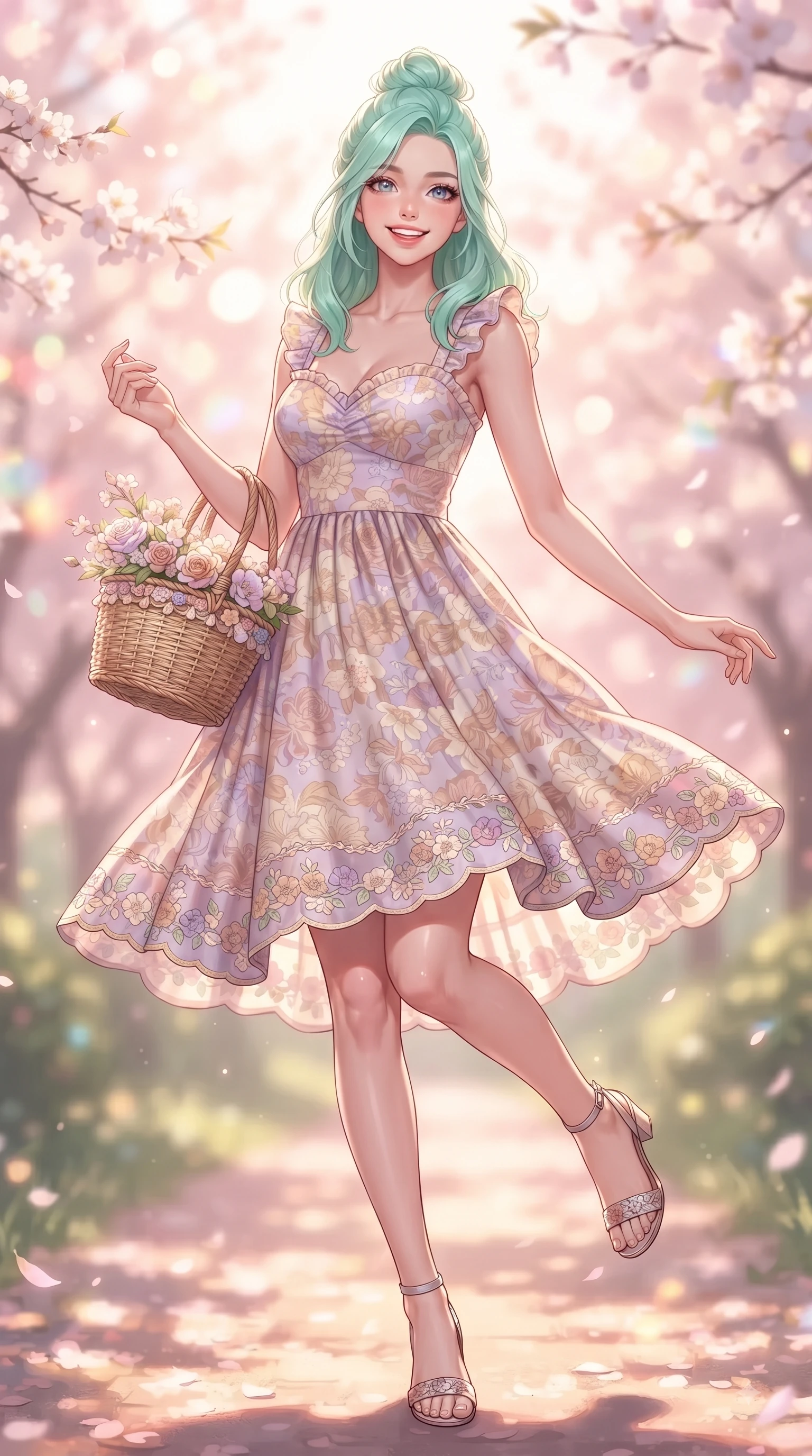 score_9, masterpiece, best quality, ultra-detailed, high-budget anime keyframe, editorial fashion photography, tasteful artistic composition, Japanese woman. low angle full-body shot from head to toe showing her feet, filling the entire 9:16 vertical frame with her statuesque presence, stretching her vertical silhouette. performing a cheerful mid-motion turn with flawless poise, her radiant smile capturing fresh girlhood energy while stepping along a sun-drenched park trail carrying a wicker basket with fresh youthful charm. The composition keeps background elements in soft focus with dreamy bokeh. pastel spring sky refractions and flower branches blurred in smooth creamy depth. She has an absolutely perfect, statuesque 8.5-heads proportion, an exceptionally tall and slender model-like female figure with impossibly long slender legs and an ultra-slim waist. sharp v-shaped jawline, high-bridge nose, intricate jewel-like eyes with depth, thick eyelashes, glossy lips with a natural sheen, flawlessly proportioned anatomical accuracy, natural body alignment, perfectly sculpted elegant limbs, clean dynamic posture without body distortion. wearing a bright floral print ruffle sundress with a gentle sweetheart neckline in pastel lilac and soft rose gold, crafted from soft breathable linen, complemented by delicate embroidered floral trim along the hem, the relaxed yet flattering fit accentuating her naturally graceful and slender figure. illuminated by soft glowing pink ambient light and clear sky refractions. ultra-reflective glossy finish, specular highlights, metallic sheen, high-contrast stereoscopic depth, volumetric dynamic lighting, 2k, ultra detail, master piece, 9:16 ratio