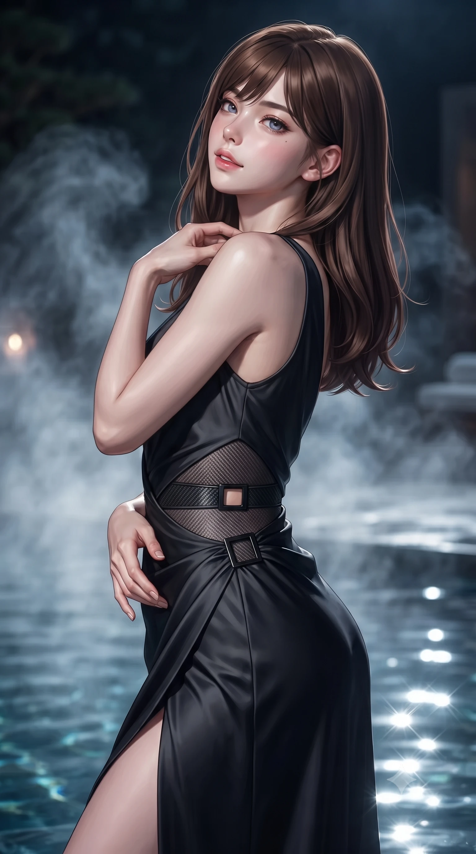 score_9, masterpiece, best quality, ultra-detailed, high-budget anime keyframe, editorial fashion photography, tasteful artistic composition, Korean woman. close-up cowboy shot from the waist and thighs up, the character dominates the composition, filling the frame with her large presence, background elements kept in soft focus. Tilting her chin up slightly with lips parted in a composed, magnetic expression, looking back with a serene, magnetic gaze through swirling thermal mist, sensual oriental luxury aesthetic with quiet magnetic charm. She has an exceptionally elegant, slender, and willowy female figure with an ultra-slim waist, a gracefully sculpted slender torso, and a refined silhouette. sharp v-shaped jawline, high-bridge nose, intricate jewel-like eyes with depth, thick eyelashes, glossy lips with a natural sheen. wearing draped obsidian silk gown featuring tasteful waist slit cutouts in metallic dark silver, made of matte carbon-fiber weave, adorned with minimalist black onyx hardware framing the silhouette, highlighting her statuesque proportions and ultra-slim waistline. surrounded by a moody nocturnal spa glow with sharp water specular glints. highly saturated vibrant anime colors, detailed shading with soft gradients, rich glossy textures, high-contrast stereoscopic depth, volumetric dynamic lighting, master piece, 9:16 ratio