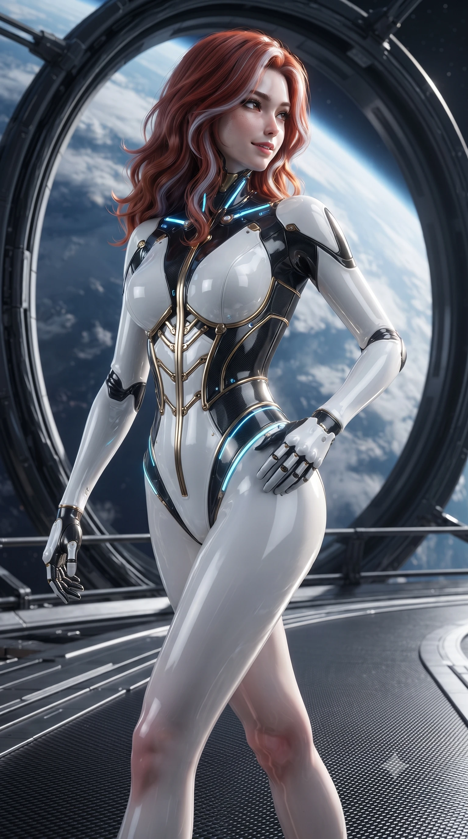 score_9, masterpiece, best quality, ultra-detailed, high-budget anime keyframe, editorial fashion photography, tasteful artistic composition, Caucasian woman. close-up cowboy shot from the waist and thighs up, the character dominates the composition, filling the frame with her large presence. resting one hand in a defensive deflective posture while glancing over her shoulder with thick eyelashes and a confident, smoldering combat half-smile while striding gracefully along the outer perimeter ring with arms held in loose, relaxed Panzer Kunst mastery. The surrounding environment is rendered in vivid detail and crisp panoramic clarity. sharp carbon-fiber gantry floor texture, space elevator cable weave, and planetary cloud swirls in deep focus. She has an exceptionally elegant, slender, and willowy female figure with an ultra-slim waist, a gracefully sculpted slender torso, toned flat midriff, and a refined slim silhouette. sharp v-shaped jawline, high-bridge nose, intricate jewel-like eyes with depth, thick eyelashes, glossy lips with a natural sheen, flawlessly proportioned anatomical accuracy, strict slender model proportions, natural body alignment, perfectly sculpted long slender limbs, ultra-slim waistline, clean dynamic posture without body distortion. wearing a precision-tailored high-fashion carbon-fiber corset bodysuit with gold mechanical rib boning and kinetic shock-dampening palms in monochrome white enamel carbon with high-contrast black panels, formed from high-gloss patent carbon-plating with specular chiaroscuro reflections, accented with glowing fiber-optic conduits tracing her collarbones and hip curves, the form-contouring material adhering flawlessly to her sculpted flat midriff and slender torso, emphasizing her long leg lines and perfectly proportioned willowy build. illuminated by crisp specular highlights tracing her sculpted collarbones, waistline, and long slender legs. ultra-reflective glossy finish, specular highlights, dark metallic sheen, high-contrast stereoscopic depth, volumetric dynamic lighting, 2k, ultra detail, master piece, 9:16 ratio