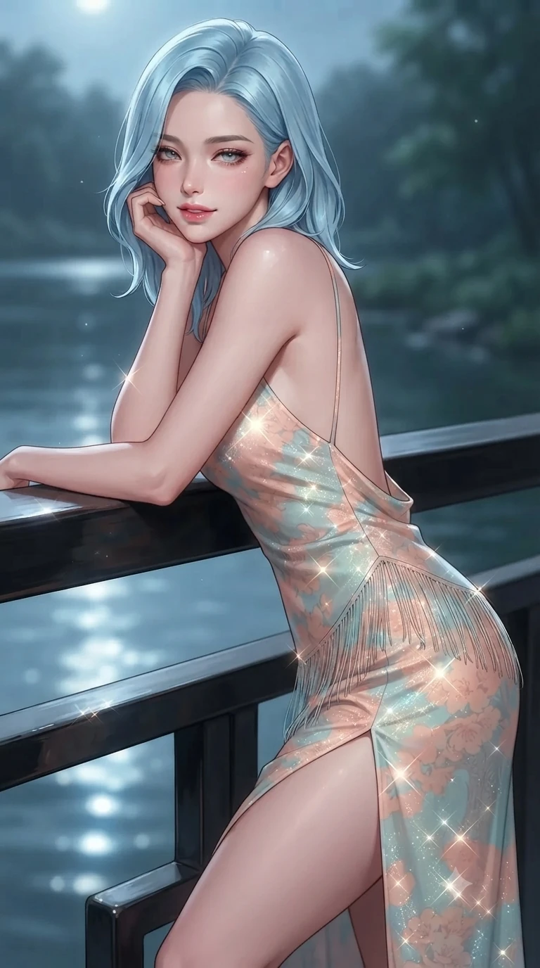 score_9, masterpiece, best quality, ultra-detailed, high-budget anime keyframe, editorial fashion photography, tasteful artistic composition, Korean woman. close-up cowboy shot from the waist and thighs up, the character dominates the composition, filling the frame with her large presence. resting one elbow on the lacquered balustrade and supporting her chin, leaning close to the camera with heavy-lidded sparkling eyes and parted lips while twisting her slender torso in an alluring S-curve beside the pebble shoreline, moonbeams reflecting off her flat midriff and hips. The background shows a soft-focus secluded riverbank landscape softened in romantic moonlight shallow focus. She has an exceptionally elegant, slender, and willowy female figure with an ultra-slim waist, flat toned midriff, narrow ribcage, and sculpted feminine hips creating an alluring, slim hourglass silhouette without bulk. sharp v-shaped jawline, high-bridge nose, sparkling eyes with hypnotic seductive depth, thick curled eyelashes, glossy parted lips with a natural dewy peach sheen, alluring bedroom-eyes with an enchanting coquettish smile, exuding magnetic siren charisma and sophisticated glamour, flawlessly proportioned anatomical accuracy, strict slender model proportions, natural body alignment, perfectly sculpted long slender limbs, ultra-slim waistline, clean dynamic posture without body distortion. wearing a form-contouring gossamer silk chiffon slip dress with hip-high slit and open cowl back clinging with evening mist in pastel peach blossom and celadon porcelain blue, woven from metallic lurex thread casting radiant starlight glints across her silhouette, finished with delicate silk fringe trim fluttering along her hip line with kinetic charm, the precision-cut side openings and low-back scoop framing her graceful spine and the sensual sweep of her slim, toned hips. illuminated by cool water surface bounce and sharp platinum-cyan rim lights defining her razor-sharp jawline, narrow waist, and curvy hips. ultra-reflective glossy finish, specular highlights, rich textural contrasts, high-contrast stereoscopic depth, volumetric dynamic lighting, 2k, ultra detail, master piece, 9:16 ratio
