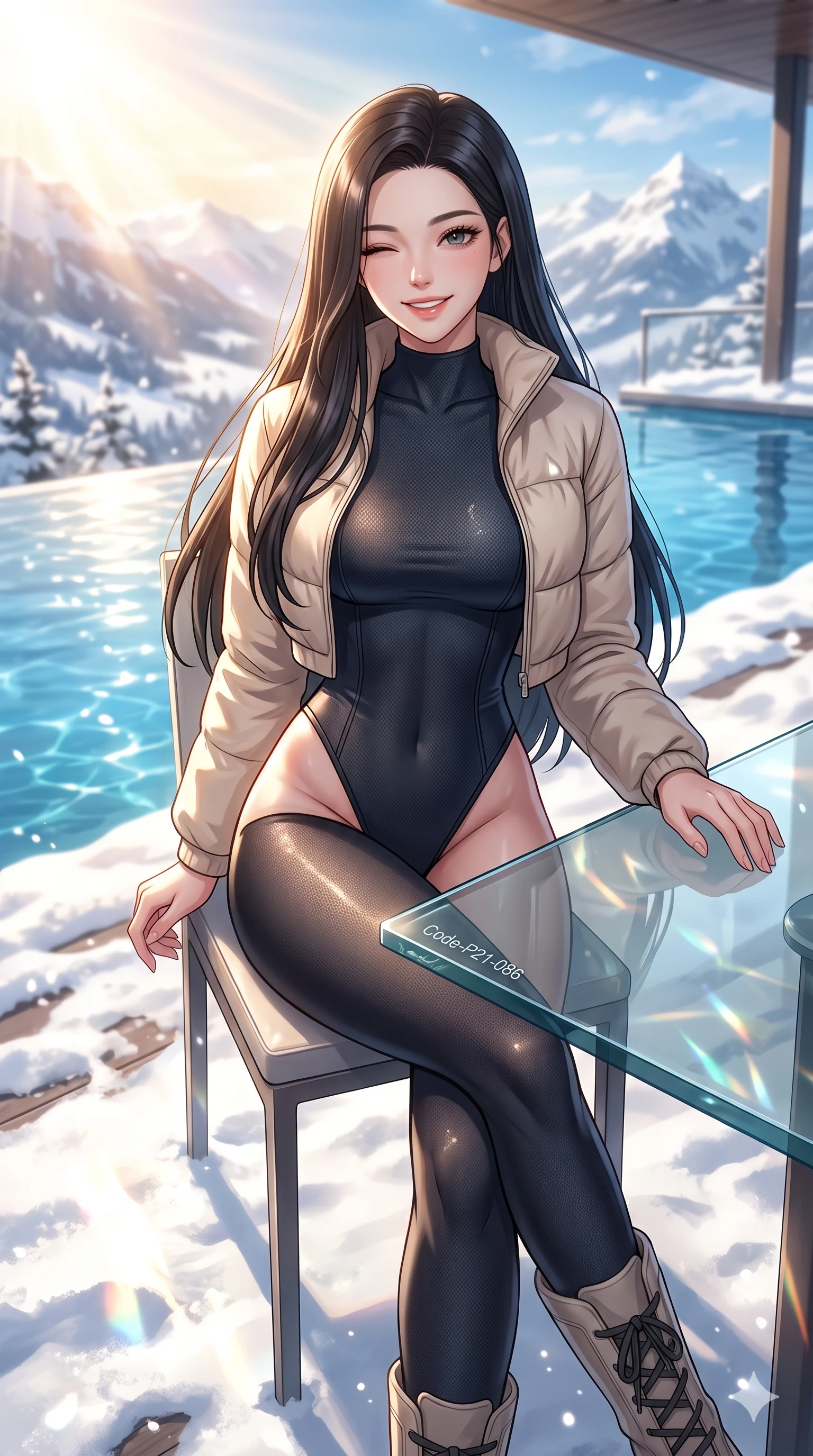score_9, masterpiece, best quality, ultra-detailed, high-budget anime keyframe, vibrant anime aesthetic, Korean woman. cowboy shot from the thighs up, character and outfit filling the frame for maximum presence. She is sitting by a glass table, winking and smiling cheerfully at the camera in winter by a modern infinity pool overlooking a snowy sky (Code-P21-086). She has an absolutely perfect 8-heads proportion, an exceptionally tall and slender female figure with impossibly long slender legs and an ultra-slim waist. V-shaped jawline, high-bridge nose, intricate jewel-like eyes with depth, thick eyelashes, glossy lips with a natural sheen. wearing a high-cut leg bodysuit under a cropped jacket with exposed waist in winter. She is drenched in bright, warm sunbeams reflecting off the snowy ground, casting dancing highlights. 2k, ultra detail, master piece, 9:16 ratio