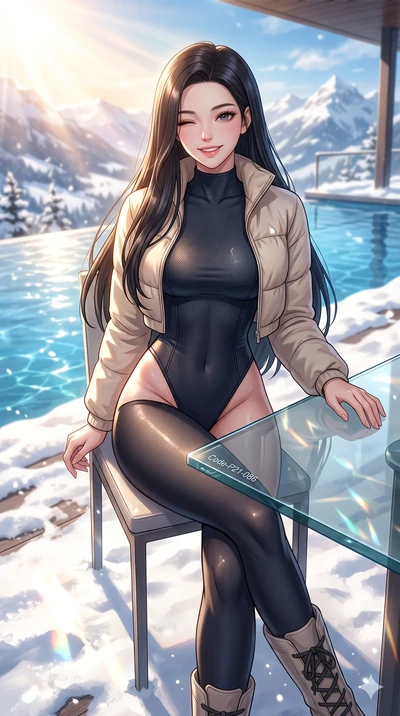 score_9, masterpiece, best quality, ultra-detailed, high-budget anime keyframe, vibrant anime aesthetic, Korean woman. cowboy shot from the thighs up, character and outfit filling the frame for maximum presence. She is sitting by a glass table, winki