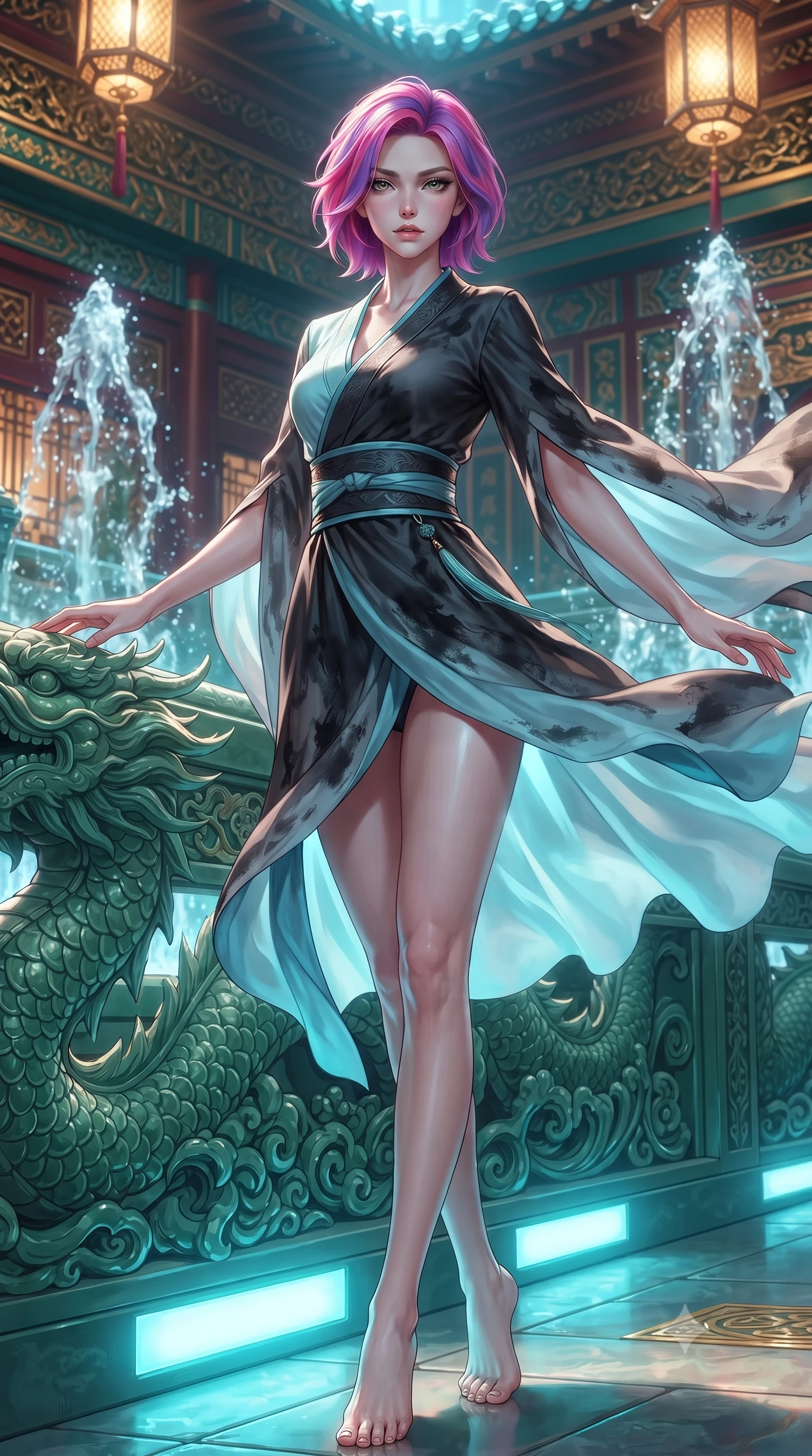 score_9, masterpiece, best quality, ultra-detailed, high-budget anime keyframe, editorial fashion photography, tasteful artistic composition, Caucasian woman. low angle full-body shot from head to toe showing her feet, filling the entire 9:16 vertical frame with her statuesque presence, stretching her vertical silhouette. executing an elegant mid-motion spin with effortless grace, her garments fluttering softly around her ultra-slim waistline while resting one hand on an ornate carved jade dragon railing, looking into the lens with a piercing, majestic gaze. The surrounding environment is rendered in vivid detail and crisp panoramic clarity. sharp carved jade dragon scale textures, crystalline water splash crests, and gold palace inlay in deep focus. She has an absolutely perfect, statuesque 8.5-heads proportion, an exceptionally tall and slender model-like female figure with impossibly long slender legs, a toned flat midriff, and an ultra-slim waist. sharp v-shaped jawline, high-bridge nose, intricate jewel-like eyes with depth, thick eyelashes, glossy lips with a natural sheen, captivating and magnetic expression, flawlessly proportioned anatomical accuracy, strict slender model proportions, natural body alignment, perfectly sculpted long slender limbs, ultra-slim waistline, clean dynamic posture without body distortion. wearing a traditional-modern silk fusion wrap dress with asymmetric trailing sleeves and waist-cinching obi in dark ink-wash black and radiant moonlight cyan, tailored from crisp ceremonial cotton and multi-layered translucent chiffon, finished with a wide embroidered waist band emphasizing her slender midriff, the sleek tailored cut tightly hugging her graceful clavicle, narrow waist, and feminine curves with statuesque precision. bathed in luminous cyan dragon spring uplights and warm imperial gold lantern downlights. ultra-reflective glossy finish, specular highlights, rich textural contrasts, high-contrast stereoscopic depth, volumetric dynamic lighting, 2k, ultra detail, master piece, 9:16 ratio