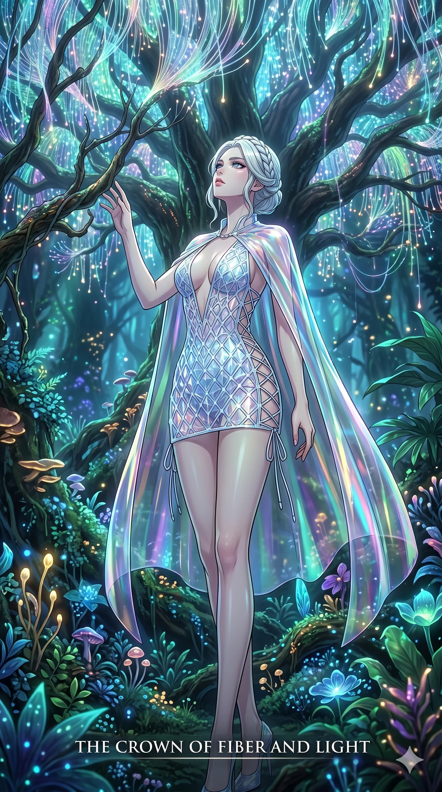 score_9, masterpiece, best quality, ultra-detailed, High-budget Anime Keyframe, vibrant colors, fluid line-art, expressive lighting, cinematic composition, Ufotable-style visual effects, top-tier animation quality, Japanese woman with delicate and elegant anime-inspired features. Low angle cowboy shot filling the entire 9:16 frame with her statuesque presence, looking up to emphasize her height. Communing with a ancient tree whose leaves are made of translucent fiber-optics. She has an absolutely perfect 8-heads proportion, an exceptionally tall and slender female figure with impossibly long slender legs and an ultra-slim waist, her statuesque height and towering silhouette dominating the vertical 9:16 frame. Her face is a masterpiece featuring a sharp v-shaped jawline, high-bridge nose, intricate jewel-like eyes with depth, thick eyelashes, and glossy lips with a natural sheen. She is wearing a Crystalline structure mini-dress with an iridescent vinyl cape, dangerous plunging neckline, and lace-up side panels.. The scene is set in a bioluminescent jungle where every leaf and flower glows with a unique frequency. 2k, ultra detail, master piece, 9:16 ratio
