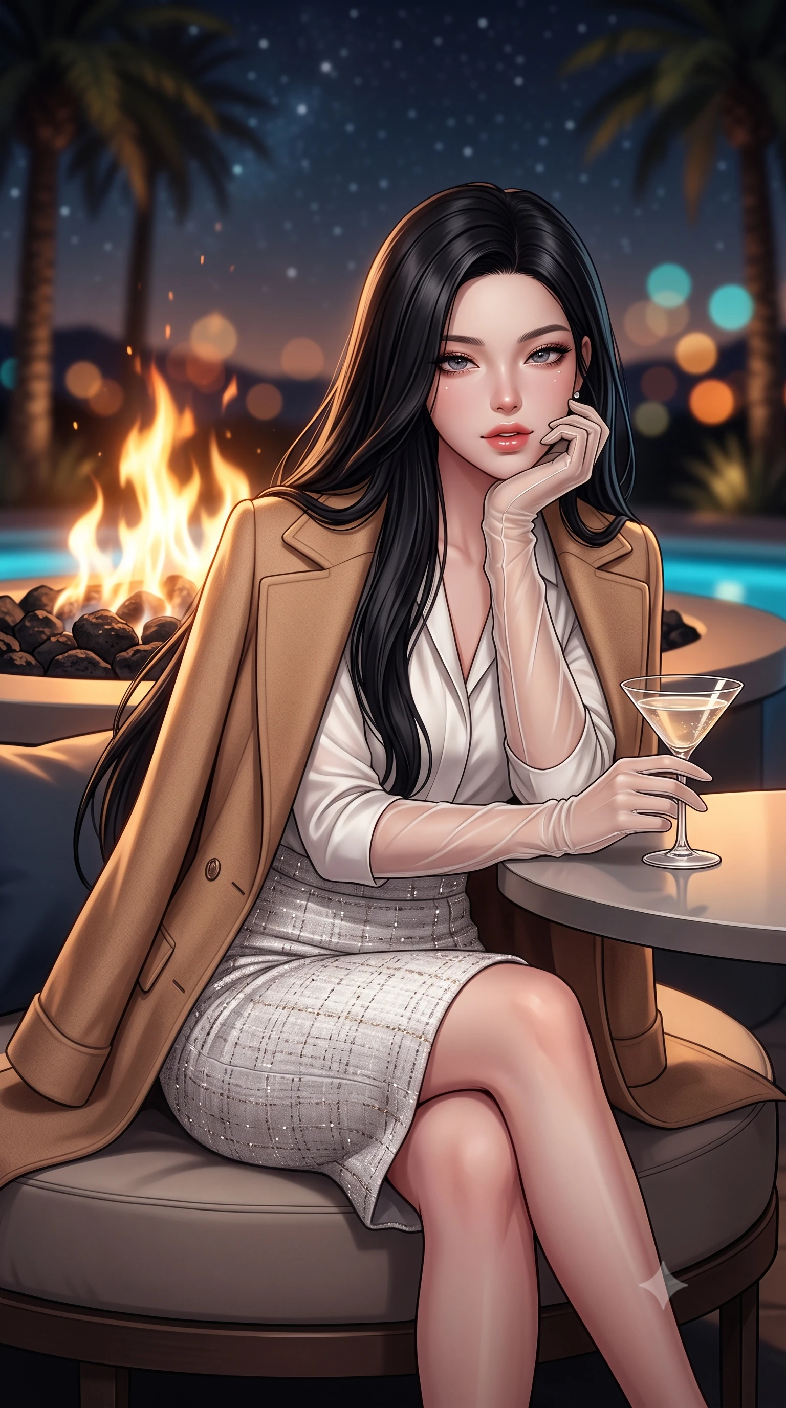 score_9, masterpiece, best quality, ultra-detailed, high-budget anime keyframe, semi-realistic 3D game render, editorial fashion photography, tasteful artistic composition, Korean woman. close-up cowboy shot from the waist and thighs up, the character dominates the composition, filling the frame with her large presence. resting one elbow on the table and supporting her chin, leaning close to the camera with heavy-lidded sparkling eyes and parted lips while sitting gracefully on the circular sofa with legs crossed, holding a cocktail glass with magnetic Hollywood glamour. The background shows a soft-focus dancing gas fire pit flames on black volcanic rocks, towering palm silhouettes, and starry desert night sky blurred into amber, turquoise, and obsidian bokeh. She has an exceptionally elegant, slender, and willowy female figure with an ultra-slim waist, flat toned midriff, narrow ribcage, and sculpted feminine hips creating an alluring, slim hourglass silhouette without bulk. sharp v-shaped jawline, high-bridge nose, intricate jewel-like sparkling eyes with depth, thick eyelashes, glossy parted lips with a natural peach sheen, bright cheerful beaming smile with an enchanting and coquettish sensual glint, exuding both youthful cute charm and seductive allure, flawlessly proportioned anatomical accuracy, strict slender model proportions, natural body alignment, perfectly sculpted long slender limbs, ultra-slim waistline, clean dynamic posture without body distortion. wearing a structured double-faced camel hair wrap coat draped over a tailored silk blouse and pencil skirt in pure translucent crystal white and liquid platinum, woven from structured British tweed with subtle metallic flecks, complemented by sheer opera-length evening gloves tracing her slender arms, the bespoke structured tailoring following the natural line of her 8.5-heads silhouette with refined elegance. bathed in the warm radiant 2100K hearth glow of dancing gas flames contrasted with cool desert starlight and pool LEDs. highly saturated vibrant anime colors, detailed shading with soft gradients, rich glossy textures, high-contrast stereoscopic depth, volumetric dynamic lighting, master piece, 9:16 ratio
