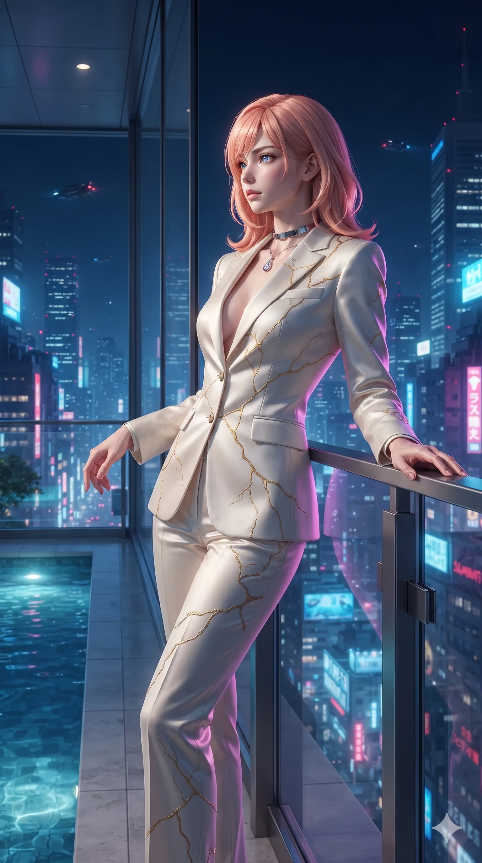 score_9, masterpiece, best quality, ultra-detailed, high-budget anime keyframe, editorial fashion photography, tasteful artistic composition, Japanese woman. low angle full-body shot from head to toe showing her feet, filling the entire 9:16 vertical frame with her statuesque presence, stretching her vertical silhouette. posing in a classic haute-couture S-curve stance beside the floor-to-ceiling window, looking over a bare shoulder with magnetic presence while leaning against the nautical glass railing with hips cocked back, looking out over the neon-lit megalopolis below with smoldering bedroom-eyes. The surrounding environment is rendered in vivid detail and crisp panoramic clarity: detailed garment textures, second-skin fit, and world-class penthouse terrace architecture in high resolution. She has an exceptionally tall and slender model-like 8.5-heads proportion, an ultra-slim waist, a flat toned midriff, narrow delicate ribcage, and beautifully sculpted feminine hips creating a graceful, slim hourglass silhouette without any bulky heaviness, with impossibly long slender legs. sharp v-shaped jawline, high-bridge nose, intricate jewel-like sparkling eyes with depth, thick eyelashes, glossy parted lips with a natural peach sheen, bright cheerful beaming smile with an enchanting and coquettish sensual glint, exuding both youthful cute charm and seductive allure, flawlessly proportioned anatomical accuracy, strict slender model proportions, natural body alignment, perfectly sculpted long slender limbs, ultra-slim waistline, clean dynamic posture without body distortion. wearing a bespoke celestial tailored pantsuit in liquid ivory silk with golden kintsugi embroidery tracing the lapels in phosphorescent ultraviolet amethyst and mint green, tailored from high-density tech-wool with subtle metallic thread weave, finished with a minimalist chrome choker and a single teardrop diamond pendant, the impeccably tailored cut draping gracefully along her slender figure with aristocratic poise. illuminated by water reflection bounce and sharp lotus-pink rim lights defining her jawline, narrow waist, and curvy hips. ultra-reflective glossy finish, specular highlights, rich textural contrasts, high-contrast stereoscopic depth, volumetric dynamic lighting, 2k, ultra detail, master piece, 9:16 ratio