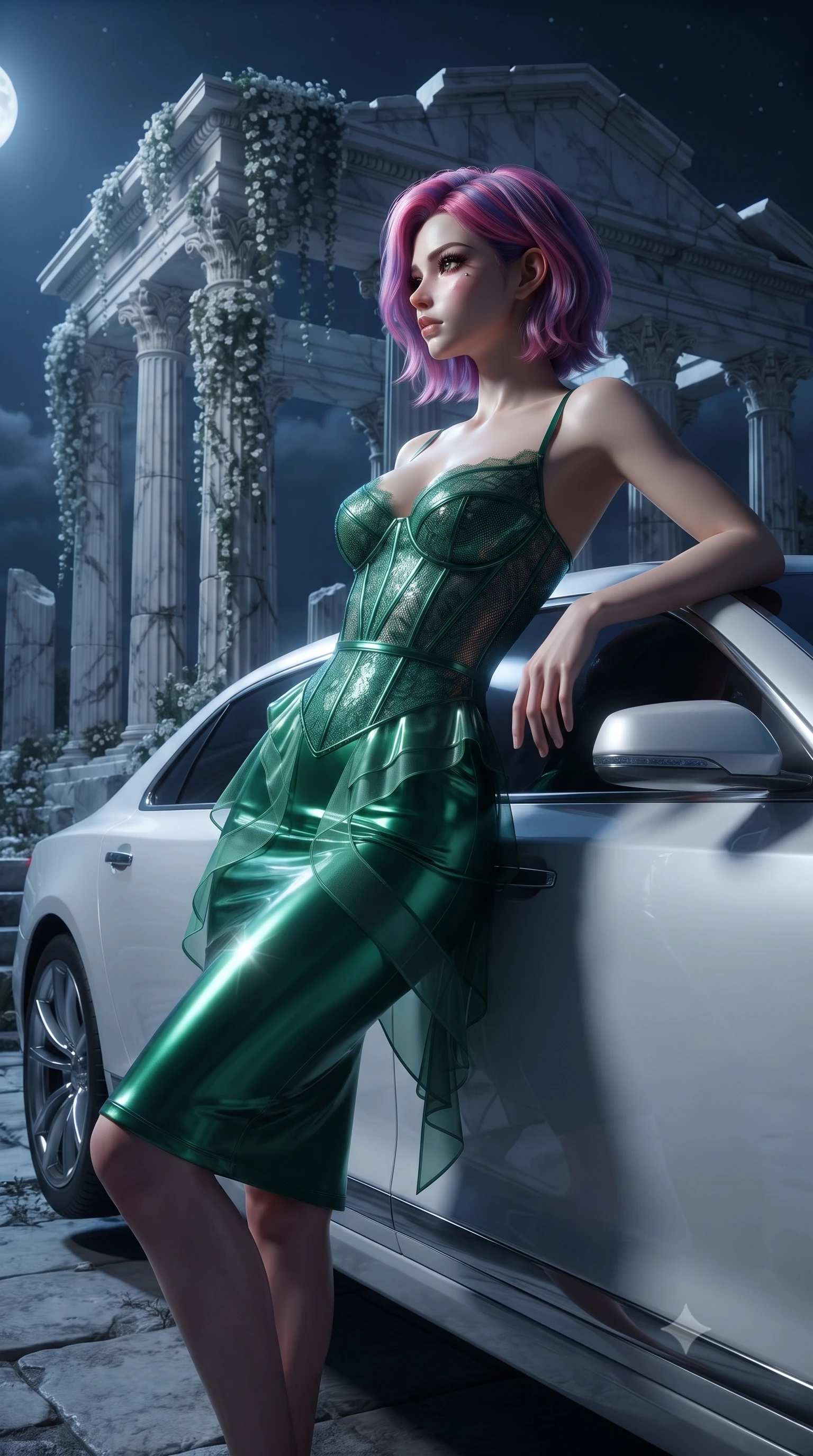 score_9, masterpiece, best quality, ultra-detailed, High-budget Anime Keyframe, editorial fashion photography, tasteful artistic composition, realistic cosplay photography, Caucasian woman, strictly human ears. Low angle cowboy shot filling the entire 9:16 frame with her statuesque presence. Scenario 443: leaning against a sleek white hover-limousine by a moonlit ancient temple with collapsing marble pillars and white ivy. Her presence is magnetic and overpowering in this high-budget cinematic scene. Outfit 443: a form-contouring emerald green micro-mesh lace corset dress featuring layered translucent panels over a sleek slip dress. The clothing is designed to emphasize her exceptionally tall and slender 8-heads proportion. 8-heads proportion, towering silhouette, ultra-slim waist. sharp v-shaped jawline, intricate jewel-like eyes with depth, thick eyelashes, glossy lips. ultra-reflective glossy finish, specular highlights, metallic sheen, high-contrast stereoscopic depth, volumetric dynamic lighting, 2k, ultra detail, master piece, 9:16 ratio
