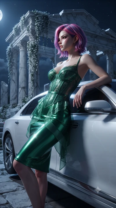 score_9, masterpiece, best quality, ultra-detailed, High-budget Anime Keyframe, editorial fashion photography, tasteful artistic composition, realistic cosplay photography, Caucasian woman, strictly human ears. Low angle cowboy shot filling the entir