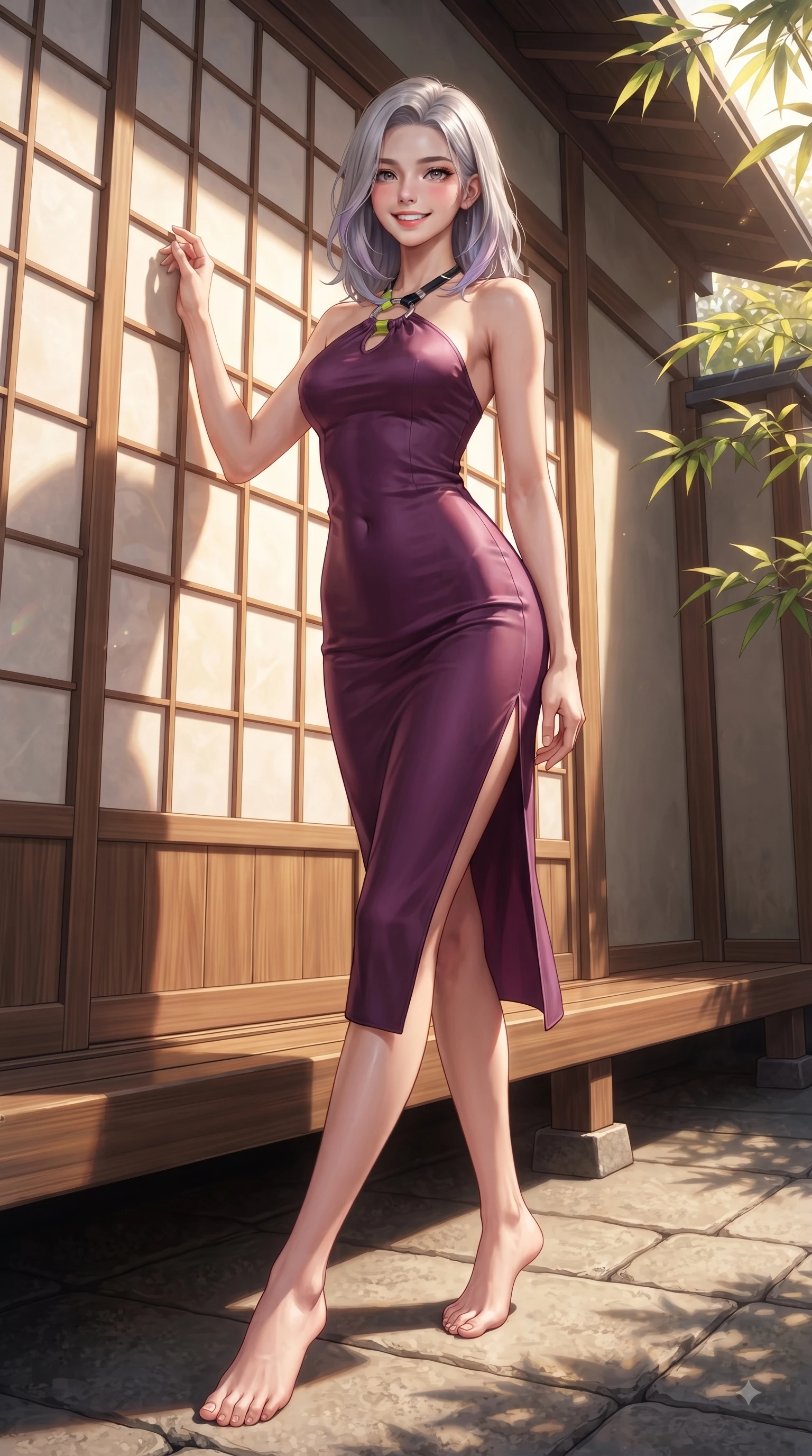 score_9, masterpiece, best quality, ultra-detailed, high-budget anime keyframe, editorial fashion photography, tasteful artistic composition, Caucasian woman. low angle full-body shot from head to toe showing her feet, filling the entire 9:16 vertical frame with her statuesque presence, stretching her vertical silhouette. Youthful cheerful smile exuding cute playful charm and radiant sparkle in her eyes while leaning against a sun-drenched paper screen door with a serene, magnetic pose. The surrounding environment is rendered in vivid detail and crisp panoramic clarity. polished wooden veranda grain, stone courtyard paving, and sunlit bamboo leaves in deep focus. She has an absolutely perfect, statuesque 8.5-heads proportion, an exceptionally tall and slender model-like female figure with impossibly long slender legs and an ultra-slim waist. sharp v-shaped jawline, high-bridge nose, intricate jewel-like eyes with depth, thick eyelashes, glossy lips with a natural sheen, flawlessly proportioned anatomical accuracy, natural body alignment, perfectly sculpted elegant limbs, clean dynamic posture without body distortion. wearing a rich plum purple halter-neck silk dress with silver ring hardware in bright lime green and sleek jet black, crafted from soft breathable Italian linen, finished with a sleek side slit ascending to mid-thigh, the form-contouring material accentuating her ultra-slim waist and long lines. surrounded by a serene, elegant, and heritage fashion editorial aura. ultra-reflective glossy finish, specular highlights, metallic sheen, high-contrast stereoscopic depth, volumetric dynamic lighting, 2k, ultra detail, master piece, 9:16 ratio