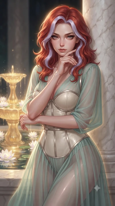 score_9, masterpiece, best quality, ultra-detailed, high-budget anime keyframe, editorial fashion photography, tasteful artistic composition, Caucasian woman. close-up cowboy shot from the waist and thighs up, the character dominates the composition,