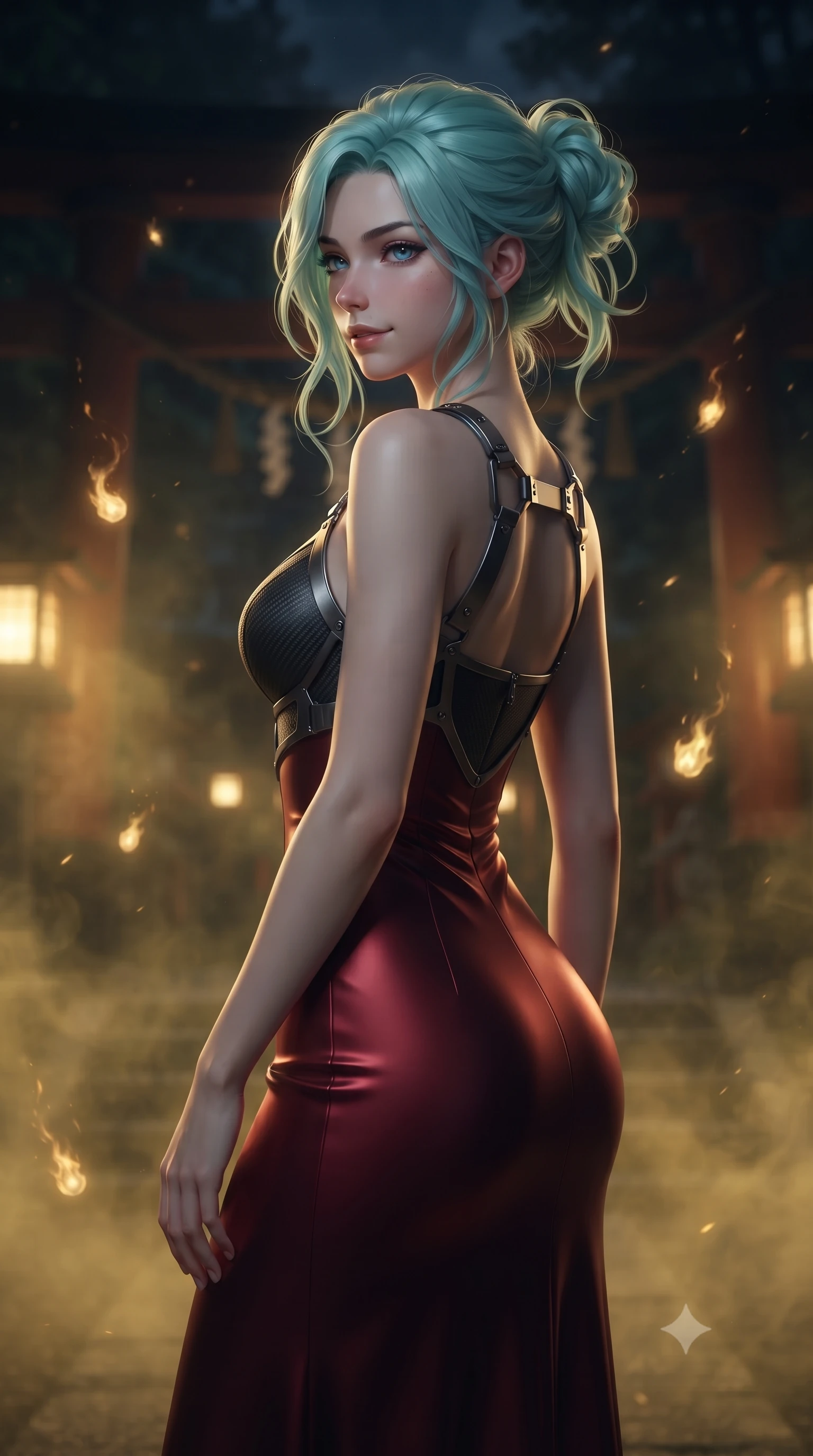 score_9, masterpiece, best quality, ultra-detailed, high-budget anime keyframe, editorial fashion photography, tasteful artistic composition, Japanese woman. close-up cowboy shot from the waist and thighs up, the character dominates the composition, filling the frame with her large presence, background elements kept in soft focus. Glancing sidelong over her shoulder with a smoldering, enigmatic half-smile, standing before an ancient dark shinto shrine shrouded in thick golden lantern fog, ghostly spirit fire embers drifting silently through the cool night air. She has an exceptionally elegant, slender, and willowy female figure with an ultra-slim waist, a gracefully sculpted slender torso, and a refined silhouette. sharp v-shaped jawline, high-bridge nose, intricate jewel-like eyes with depth, thick eyelashes, glossy lips with a natural sheen. wearing form-contouring dark crimson liquid silk long slip dress in midnight navy blue, made of matte carbon-fiber weave, highlighted by a gunmetal metallic harness structure, contouring every curve with an exceptionally elegant silhouette. bathed in eerie gold mist glow and deep dark shadow silhouettes. ultra-reflective glossy finish, specular highlights, metallic sheen, high-contrast stereoscopic depth, volumetric dynamic lighting, 2k, ultra detail, master piece, 9:16 ratio