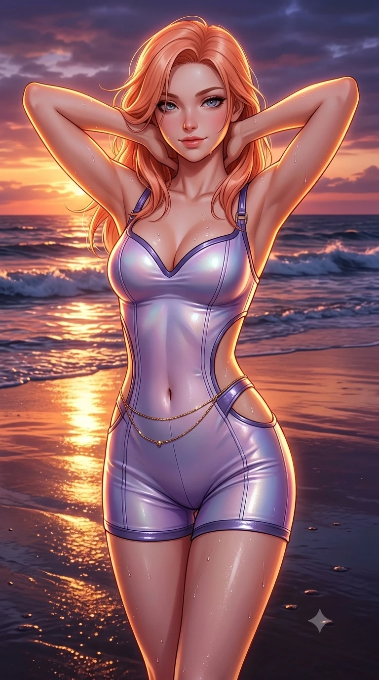 score_9, masterpiece, best quality, ultra-detailed, high-budget anime keyframe, semi-realistic 3D game render, editorial fashion photography, tasteful artistic composition, Japanese woman. close-up cowboy shot from the waist and thighs up, the character dominates the composition, filling the frame with her large presence. resting both hands lightly behind her neck with elbows raised, arching her spine to highlight her narrow waist, flat midriff, and breathtaking collarbones while twisting her slender torso in an alluring contrapposto stance on the mirror-like wet sand, sunset reflections tracing her flat midriff and curvy hips. The surrounding environment is rendered in vivid detail and crisp panoramic clarity: detailed wet-look neoprene surfing bodysuit tailoring, glistening water beads on skin, and coastal surf scape in razor-sharp precision. She has an exceptionally elegant, slender, and willowy female figure with an ultra-slim waist, flat toned midriff, narrow ribcage, and sculpted feminine hips creating an alluring, slim hourglass silhouette without bulk. sharp v-shaped jawline, high-bridge nose, sparkling eyes with hypnotic seductive depth, thick curled eyelashes, glossy parted lips with a natural dewy peach sheen, alluring bedroom-eyes with an enchanting coquettish smile, exuding magnetic siren charisma and sophisticated glamour, flawlessly proportioned anatomical accuracy, strict slender model proportions, natural body alignment, perfectly sculpted long slender limbs, ultra-slim waistline, clean dynamic posture without body distortion. wearing a deep sweetheart-neckline bodycon romper with side-hip cutouts accentuating her hourglass curves in iridescent mother-of-pearl and dusk lavender, woven from buttery-soft stretch lambskin leather adhering to her body like a second skin, accented with a dainty gold belly chain resting across her flat midriff and curving hips, the form-contouring material adhering flawlessly to her sculpted flat midriff and slender torso, emphasizing her long leg lines and perfectly proportioned willowy build. illuminated by mirror-like wet sand bounce and sharp molten-gold rim lighting defining her jawline, flat midriff, and voluptuous hip curves. highly saturated vibrant anime colors, detailed shading with soft gradients, rich glossy textures, high-contrast stereoscopic depth, volumetric dynamic lighting, master piece, 9:16 ratio