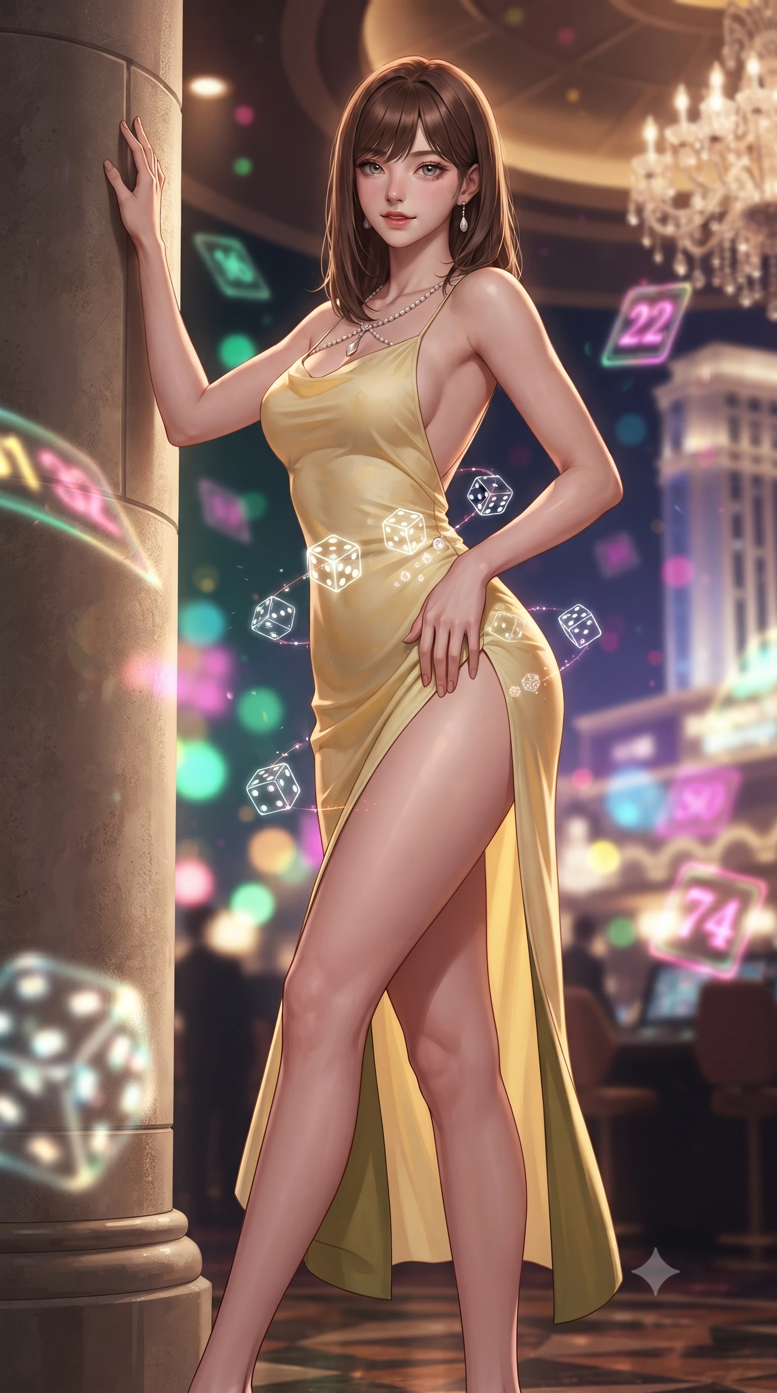 score_9, masterpiece, best quality, ultra-detailed, high-budget anime keyframe, editorial fashion photography, tasteful artistic composition, Korean woman. low angle full-body shot from head to toe showing her feet, filling the entire 9:16 vertical frame with her statuesque presence, stretching her vertical silhouette. standing tall beside the architectural column, one hand resting high while arching her lower back to emphasize her sculpted feminine hips and slender waist while twisting her slender torso in an alluring contrapposto stance, spinning holographic dice projections tracing her narrow waist, midriff, and hips. The background shows a soft-focus floating neon holographic roulette numbers, towering mega-resort neon facades outside, and crystal chandeliers blurred into emerald, magenta, and gold bokeh. She has an absolutely perfect, statuesque 8.5-heads proportion, an exceptionally tall and slender model-like female figure with impossibly long slender legs, an ultra-slim waist, a flat toned midriff, narrow delicate ribcage, and beautifully sculpted feminine hips creating a graceful, slim hourglass silhouette without any bulky heaviness. sharp v-shaped jawline, high-bridge nose, sparkling eyes with hypnotic seductive depth, thick curled eyelashes, glossy parted lips with a natural dewy peach sheen, alluring bedroom-eyes with an enchanting coquettish smile, exuding magnetic siren charisma and sophisticated glamour, flawlessly proportioned anatomical accuracy, strict slender model proportions, natural body alignment, perfectly sculpted long slender limbs, ultra-slim waistline, clean dynamic posture without body distortion. wearing a form-contouring gossamer silk chiffon slip dress with a hip-high slit and open back, clinging smoothly with dewy moisture in sunlit daisy yellow and gardenia cream with olive accents, tailored from fine breathable linen with soft natural texture and elegant drape, finished with a pearl-drop body harness subtly framing her dewy collarbones and spine, the precision-cut side openings and low-back scoop framing her graceful spine and the sensual sweep of her slim, toned hips. illuminated by city skyline neon reflections and sharp warm-gold rim lights sculpting her razor-sharp jawline, narrow waist, and curvy hips. ultra-reflective glossy finish, specular highlights, rich textural contrasts, high-contrast stereoscopic depth, volumetric dynamic lighting, 2k, ultra detail, master piece, 9:16 ratio