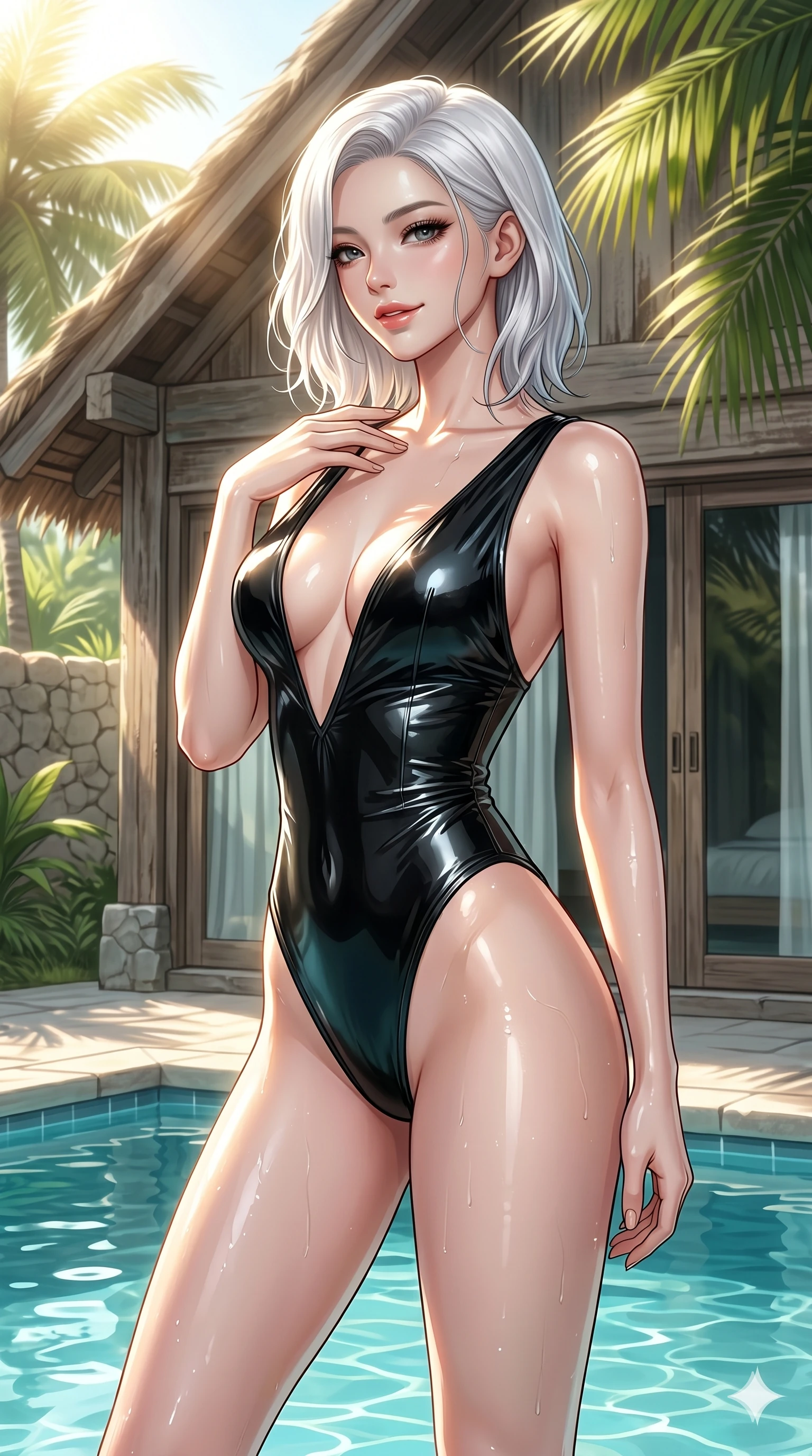 score_9, masterpiece, best quality, ultra-detailed, high-budget anime keyframe, editorial fashion photography, tasteful artistic composition, Korean woman. cowboy shot from the thighs up, character and outfit filling the frame for maximum editorial presence. looking over her shoulder with a magnetic, teasing half-smile, one hand gently tracing her collarbone by a secluded sun-drenched pool cabin in a tropical luxury resort surrounded by palms (Code-P092). She has an absolutely perfect 8-heads proportion, an exceptionally tall and slender female figure with impossibly long slender legs and an ultra-slim waist. V-shaped jawline, high-bridge nose, intricate jewel-like eyes with depth, thick eyelashes, glossy lips with a natural sheen. wearing a wet-look black vinyl bodysuit with an ultra-deep plunging V-neckline and high-cut lines. drenched in brilliant morning sunshine that traces her elegant clavicle lines and athletic build contours. 2k, ultra detail, master piece, 9:16 ratio