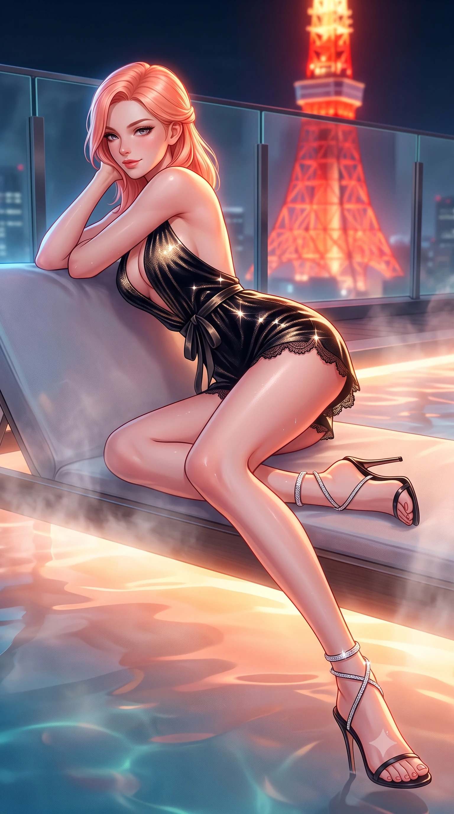 score_9, masterpiece, best quality, ultra-detailed, high-budget anime keyframe, semi-realistic 3D game render, editorial fashion photography, tasteful artistic composition, Japanese woman. low angle full-body shot from head to toe showing her feet, filling the entire 9:16 vertical frame with her statuesque presence, stretching her vertical silhouette. walking along the terrace with poise, looking back over her bare shoulder with an irresistible smoldering bedroom-gaze while lounging gracefully in the shallow thermal shelf propped on one elbow, her statuesque 8.5-heads silhouette radiating futuristic Tokyo glamour. The background shows a soft-focus glass safety balustrades softened in ultra-exclusive urban rooftop shallow focus. She has an absolutely perfect, statuesque 8.5-heads proportion, an exceptionally tall and slender model-like female figure with impossibly long slender legs, an ultra-slim waist, a flat toned midriff, narrow delicate ribcage, and beautifully sculpted feminine hips creating a graceful, slim hourglass silhouette without any bulky heaviness. sharp v-shaped jawline, high-bridge nose, sparkling eyes with hypnotic seductive depth, thick curled eyelashes, glossy parted lips with a natural dewy peach sheen, alluring bedroom-eyes with an enchanting coquettish smile, exuding magnetic siren charisma and sophisticated glamour, flawlessly proportioned anatomical accuracy, strict slender model proportions, natural body alignment, perfectly sculpted long slender limbs, ultra-slim waistline, clean dynamic posture without body distortion. wearing a plunge-neck stretch velvet romper with scalloped eyelash-lace hems and a cinched waist ribbon in midnight obsidian black and liquid champagne gold, woven from stretch metallic lurex jersey casting radiant starlight glints across her silhouette, complemented by strappy stiletto sandals with crystal ankle wraps accentuating her slender calves, the liquid-tight tailored fabric clinging flawlessly to her narrow waist and rounded feminine hips, emphasizing every millimeter of her sculpted slim hourglass curves without any bulky heaviness. bathed in the warm underwater thermal pool glow paired with vivid red-orange neon spill from the illuminated Tokyo Tower. highly saturated vibrant anime colors, detailed shading with soft gradients, rich glossy textures, high-contrast stereoscopic depth, volumetric dynamic lighting, master piece, 9:16 ratio
