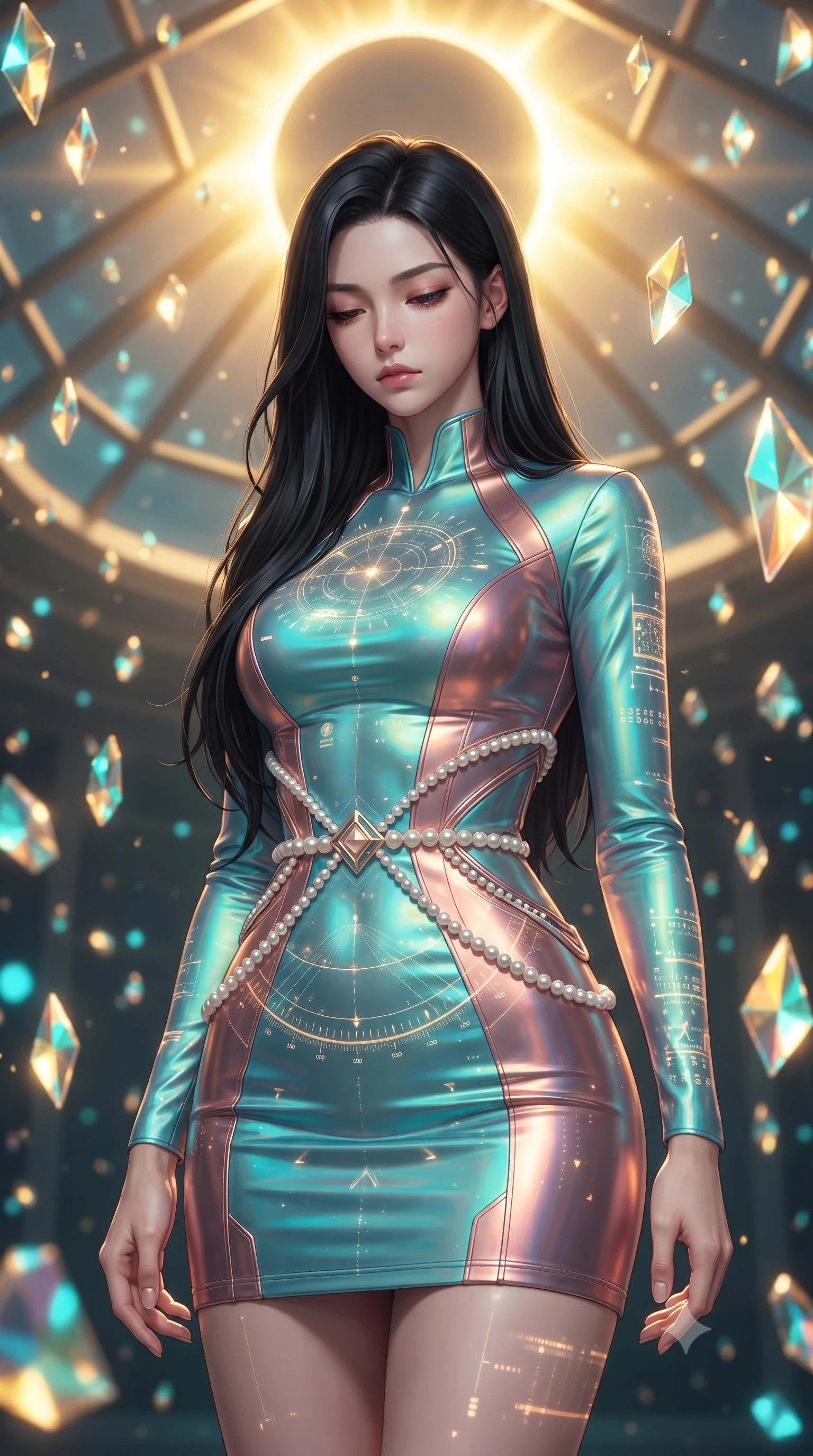 score_9, masterpiece, best quality, ultra-detailed, high-budget anime keyframe, editorial fashion photography, tasteful artistic composition, Korean woman. close-up cowboy shot from the waist and thighs up, the character dominates the composition, filling the frame with her large presence, background elements kept in soft focus. Looking down with lowered lashes and a composed, powerful aura, navigating a solarium filled with floating solar crystal prisms, translucent sun-dial markings projected onto her sleek outfit. She has an exceptionally elegant, slender, and willowy female figure with an ultra-slim waist, a gracefully sculpted slender torso, and a refined silhouette. sharp v-shaped jawline, high-bridge nose, intricate jewel-like eyes with depth, thick eyelashes, glossy lips with a natural sheen. wearing aerodynamic second-skin rose-gold metallic bodycon dress in pearl white, made of iridescent turquoise taffeta, adorned with minimalist pearl hardware framing the waistline, sculpting her athletic slender build with refined precision. illuminated by the radiant golden corona of a solar eclipse. highly saturated vibrant anime colors, detailed shading with soft gradients, rich glossy textures, high-contrast stereoscopic depth, volumetric dynamic lighting, master piece, 9:16 ratio