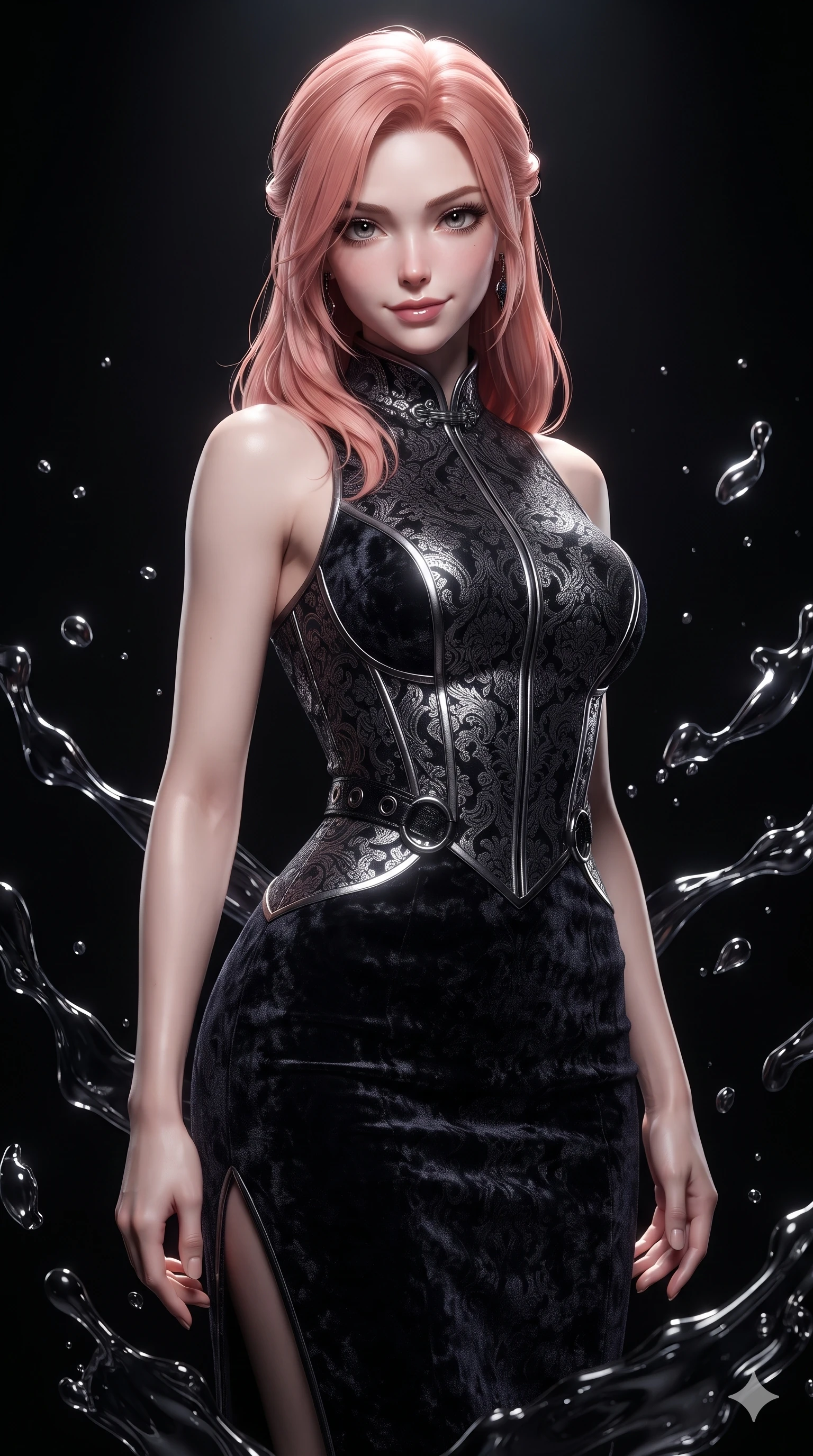 score_9, masterpiece, best quality, ultra-detailed, high-budget anime keyframe, editorial fashion photography, tasteful artistic composition, Japanese woman. close-up cowboy shot from the waist and thighs up, the character dominates the composition, filling the frame with her large presence. tilting her head with a teasing half-smile, running one hand slowly down the side of her hip in a flirtatious S-curve while stepping slowly through the floating dark acrylic splash field, hips swaying with hypnotic grace as a single key beam cuts through the darkness. The surrounding environment is rendered in vivid detail and crisp panoramic clarity: detailed structured bodice gown tailoring, metallic silver boning, and liquid fabric sheen in razor-sharp precision. She has an exceptionally elegant, slender, and willowy female figure with an ultra-slim waist, flat toned midriff, narrow ribcage, and sculpted feminine hips creating an alluring, slim hourglass silhouette without bulk. sharp v-shaped jawline, high-bridge nose, intricate jewel-like dark sparkling eyes with hypnotic seductive depth, thick curled eyelashes, glossy parted lips with a natural wine sheen, alluring bedroom-eyes with an enigmatic smoldering smile, exuding magnetic sovereign charisma and dark avant-garde glamour, flawlessly proportioned anatomical accuracy, strict slender model proportions, natural body alignment, perfectly sculpted long slender limbs, ultra-slim waistline, clean dynamic posture without body distortion. wearing a structured obsidian brocade evening dress with high mandarin collar in metallic liquid silver and pitch black, tailored from crushed dark velvet with deep light-absorbing plush texture, trimmed with dark chrome ring hardware along the waist contours, the bespoke structured tailoring following the natural line of her 8.5-heads silhouette with refined elegance. lit by a single intense key ray accentuating liquid paint contours against pitch-black shadows. ultra-reflective glossy finish, specular highlights, metallic sheen, high-contrast stereoscopic depth, volumetric dynamic lighting, 2k, ultra detail, master piece, 9:16 ratio
