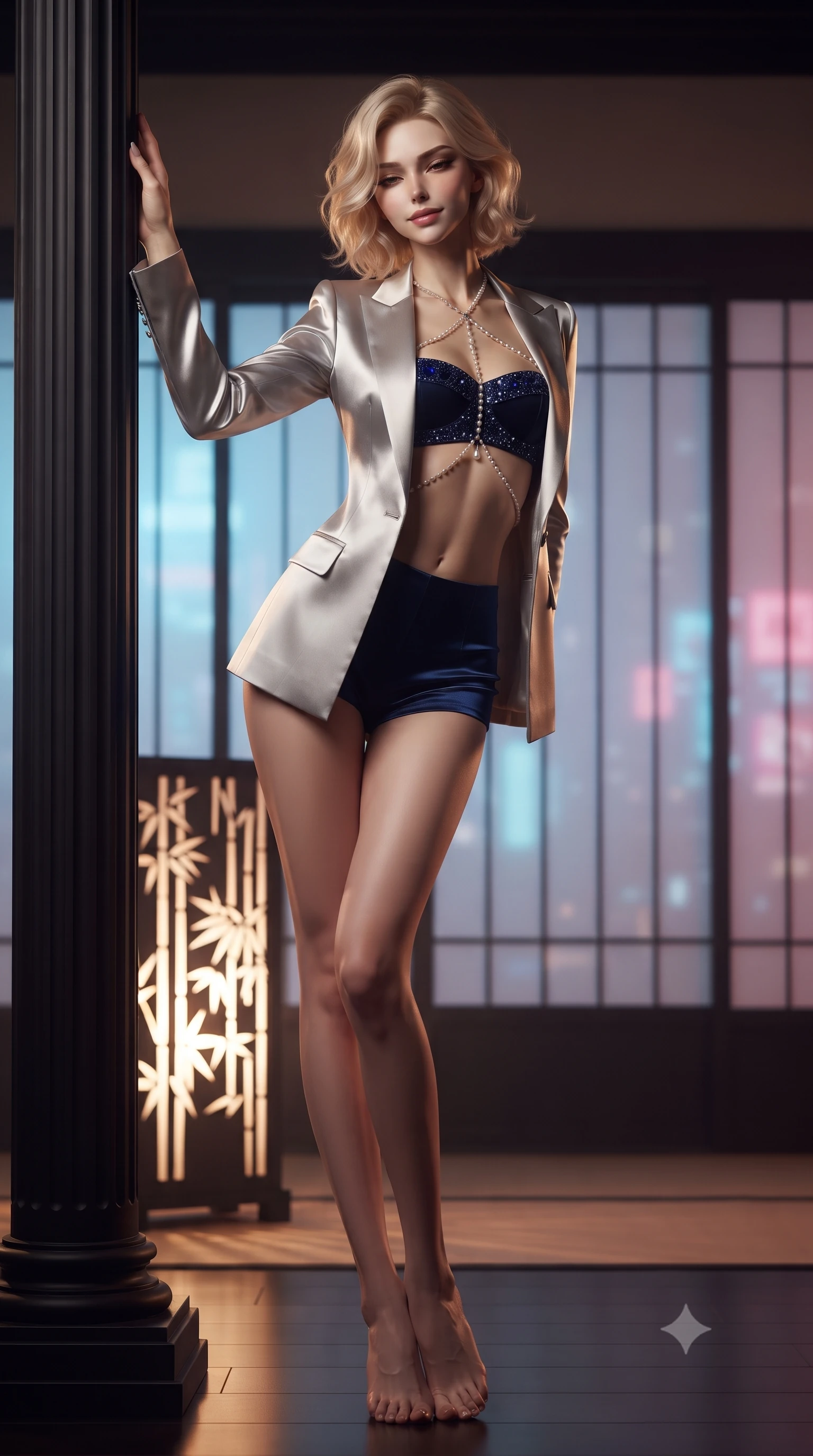 score_9, masterpiece, best quality, ultra-detailed, high-budget anime keyframe, editorial fashion photography, tasteful artistic composition, Caucasian woman. low angle full-body shot from head to toe showing her feet, filling the entire 9:16 vertical frame with her statuesque presence, stretching her vertical silhouette. standing tall beside the architectural column, one hand resting high while arching her lower back to emphasize her sculpted feminine hips and slender waist while standing poised beside the illuminated laser bamboo privacy screen with hips cocked back, casting an intoxicating, heavy-lidded bedroom-gaze. The background shows a soft-focus minimalist sliding shoji screens softened in neo-oriental cyberpunk shallow focus. She has an absolutely perfect, statuesque 8.5-heads proportion, an exceptionally tall and slender model-like female figure with impossibly long slender legs, an ultra-slim waist, a flat toned midriff, narrow delicate ribcage, and beautifully sculpted feminine hips creating a graceful, slim hourglass silhouette without any bulky heaviness. sharp v-shaped jawline, high-bridge nose, sparkling eyes with hypnotic seductive depth, thick curled eyelashes, glossy parted lips with a natural dewy peach sheen, alluring bedroom-eyes with an enchanting coquettish smile, exuding magnetic siren charisma and sophisticated glamour, flawlessly proportioned anatomical accuracy, strict slender model proportions, natural body alignment, perfectly sculpted long slender limbs, ultra-slim waistline, clean dynamic posture without body distortion. wearing a tailored open-front satin smoking jacket worn over a jewel-embellished bandeau and micro-shorts in molten liquid silver and deep sapphire navy, crafted from fluid liquid silk satin that clings smoothly to every curve with a dewy sheen, accented with a pearl-drop body harness subtly framing her dewy collarbones and spine, the high-slit wrap tailoring accentuating her ultra-slim waistline and the enchanting curve of her feminine hips with alluring seductive charm. illuminated by lacquer floor reflection bounce and sharp warm-gold rim lights sculpting her jawline, ultra-slim waist, and curvy hips. ultra-reflective glossy finish, specular highlights, rich textural contrasts, high-contrast stereoscopic depth, volumetric dynamic lighting, 2k, ultra detail, master piece, 9:16 ratio