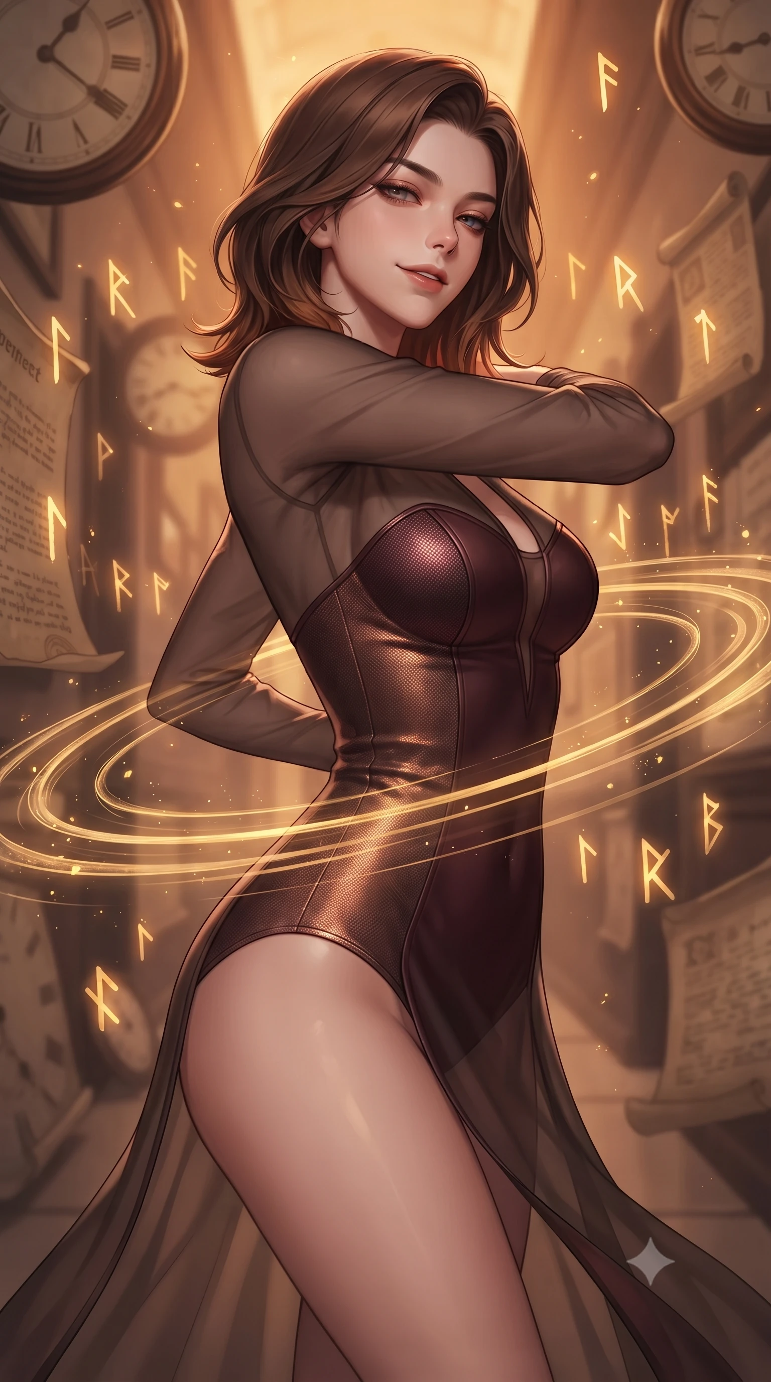 score_9, masterpiece, best quality, ultra-detailed, high-budget anime keyframe, editorial fashion photography, tasteful artistic composition, Korean woman. close-up cowboy shot from the waist and thighs up, the character dominates the composition, filling the frame with her large presence, background elements kept in soft focus. Glancing sidelong over her shoulder with a smoldering half-smile and heavy lashes standing in a corridor where antique clock dials and historical parchments float in amber light, golden temporal energy rings swirling around her waist and arms. She has an exceptionally elegant, slender, and willowy female figure with an ultra-slim waist, a gracefully sculpted slender torso, and a refined silhouette. sharp v-shaped jawline, high-bridge nose, intricate jewel-like eyes with depth, thick eyelashes, glossy lips with a natural sheen. wearing a semi-opaque sheer overlay dress over a leather micro-bodysuit in deep burgundy and bronze, made of fine carbon-fiber weave and soft matte leather, accented with a Tasteful chest slit framing her clavicle gracefully, the glove-like fit emphasizing her statuesque silhouette. illuminated by glowing time runes and soft bronze specular highlights. highly saturated vibrant anime colors, detailed shading with soft gradients, rich glossy textures, high-contrast stereoscopic depth, volumetric dynamic lighting, master piece, 9:16 ratio