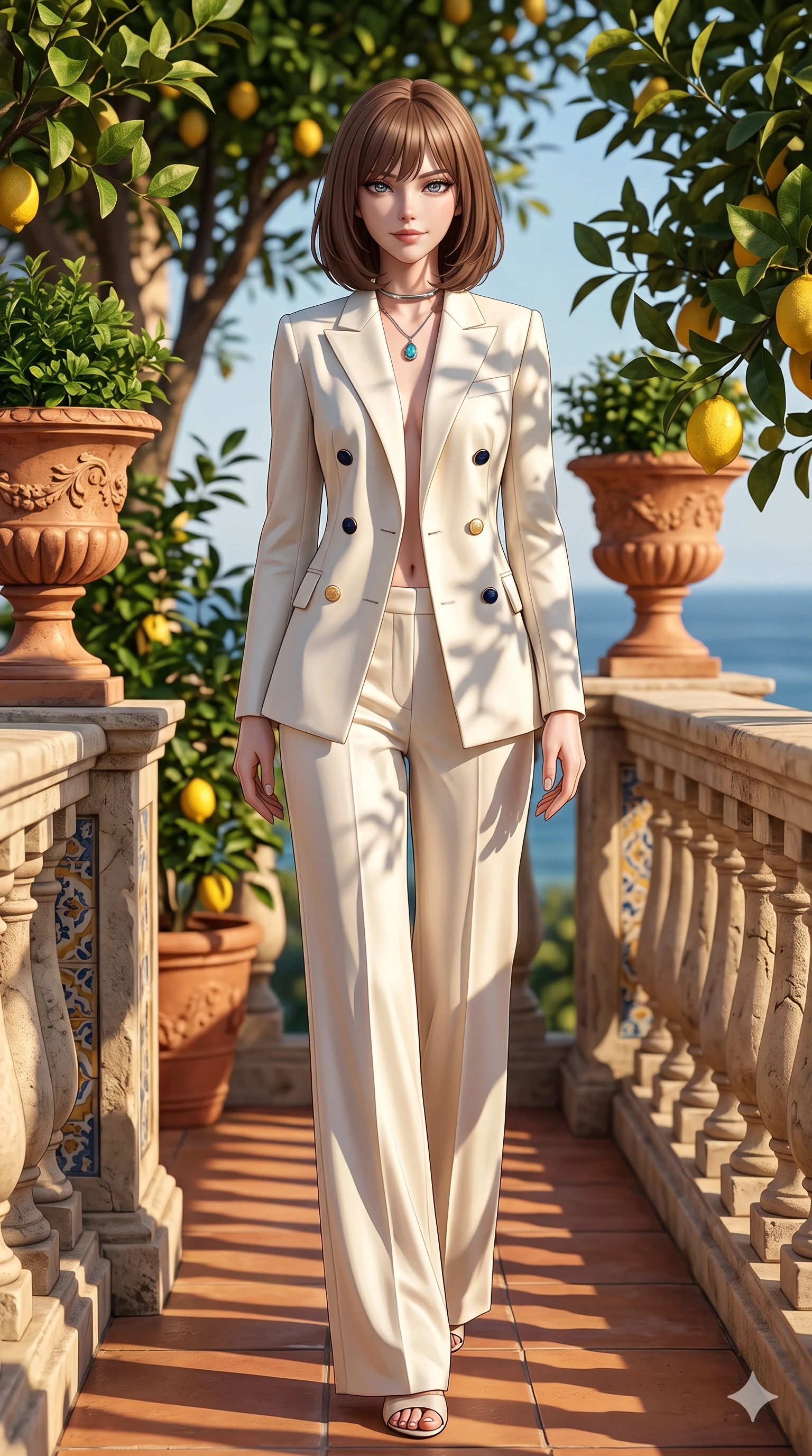 score_9, masterpiece, best quality, ultra-detailed, high-budget anime keyframe, semi-realistic 3D game render, editorial fashion photography, tasteful artistic composition, Caucasian woman. low angle full-body shot from head to toe showing her feet, filling the entire 9:16 vertical frame with her statuesque presence, stretching her vertical silhouette. stepping slowly toward the camera with hypnotic grace, hips swaying in an alluring sensual rhythm that accentuates her curvy hourglass silhouette and long slender legs while twisting her slender torso in an alluring S-curve between terracotta flower urns, dappled citrus leaf shadows tracing her flat midriff and hourglass curves. The surrounding environment is rendered in vivid detail and crisp panoramic clarity: sharp rough lemon rind texture, carved limestone balustrade chisel marks, and majolica ceramic tile patterns in deep focus. She has an absolutely perfect, statuesque 8.5-heads proportion, an exceptionally tall and slender model-like female figure with impossibly long slender legs, an ultra-slim waist, a flat toned midriff, narrow delicate ribcage, and beautifully sculpted feminine hips creating a graceful, slim hourglass silhouette without any bulky heaviness. sharp v-shaped jawline, high-bridge nose, sparkling eyes with hypnotic seductive depth, thick curled eyelashes, glossy parted lips with a natural dewy peach sheen, alluring bedroom-eyes with an enchanting coquettish smile, exuding magnetic siren charisma and sophisticated glamour, flawlessly proportioned anatomical accuracy, strict slender model proportions, natural body alignment, perfectly sculpted long slender limbs, ultra-slim waistline, clean dynamic posture without body distortion. wearing a structured Riviera tailored pantsuit in liquid ivory silk with golden nautical button accents in French Riviera navy and crisp champagne gold, tailored from heavy double-faced silk georgette with an exceptionally fluid drape, finished with a minimalist chrome choker and a single turquoise stone pendant, the impeccably tailored cut draping gracefully along her slender figure with aristocratic resort poise. illuminated by terracotta tiled floor bounce and sharp lemon-gold rim lights defining her razor-sharp jawline, narrow waist, and curvy hips. highly saturated vibrant anime colors, detailed shading with soft gradients, rich glossy textures, high-contrast stereoscopic depth, volumetric dynamic lighting, master piece, 9:16 ratio