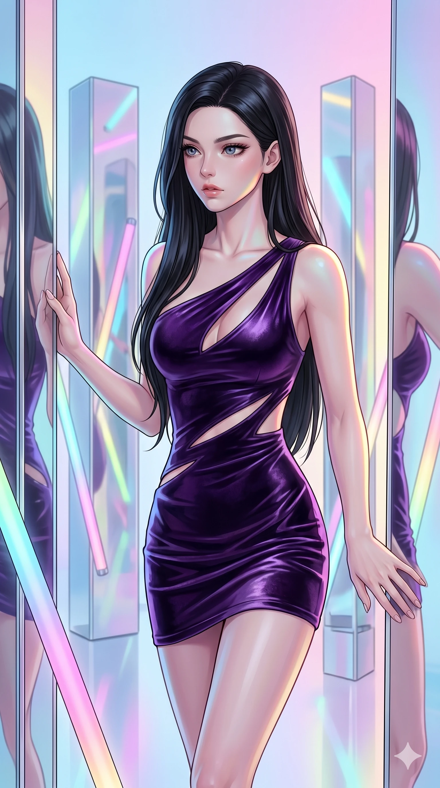score_9, masterpiece, best quality, ultra-detailed, high-budget anime keyframe, Caucasian woman, strictly human ears. upper body close-up from the thighs up, character filling the screen for maximum presence. navigating a kinetic light-sculpture mirror maze, passing between floating chromium mirror pillars and rotating LED sticks. She has an absolutely perfect 8-heads proportion, an exceptionally tall and slender female figure with impossibly long slender legs and an ultra-slim waist. V-shaped jawline, high-bridge nose, intricate jewel-like eyes with depth, thick eyelashes, glossy lips with a natural sheen.. wearing an asymmetric liquid velvet slip dress, featuring a wet-look deep purple velvet one-shoulder mini slip with slanted slashed cutouts. enhanced by a luminous pastel spectrum glow, casting elegant rim lights on her shoulders and jawline. 2k, ultra detail, master piece, 9:16 ratio