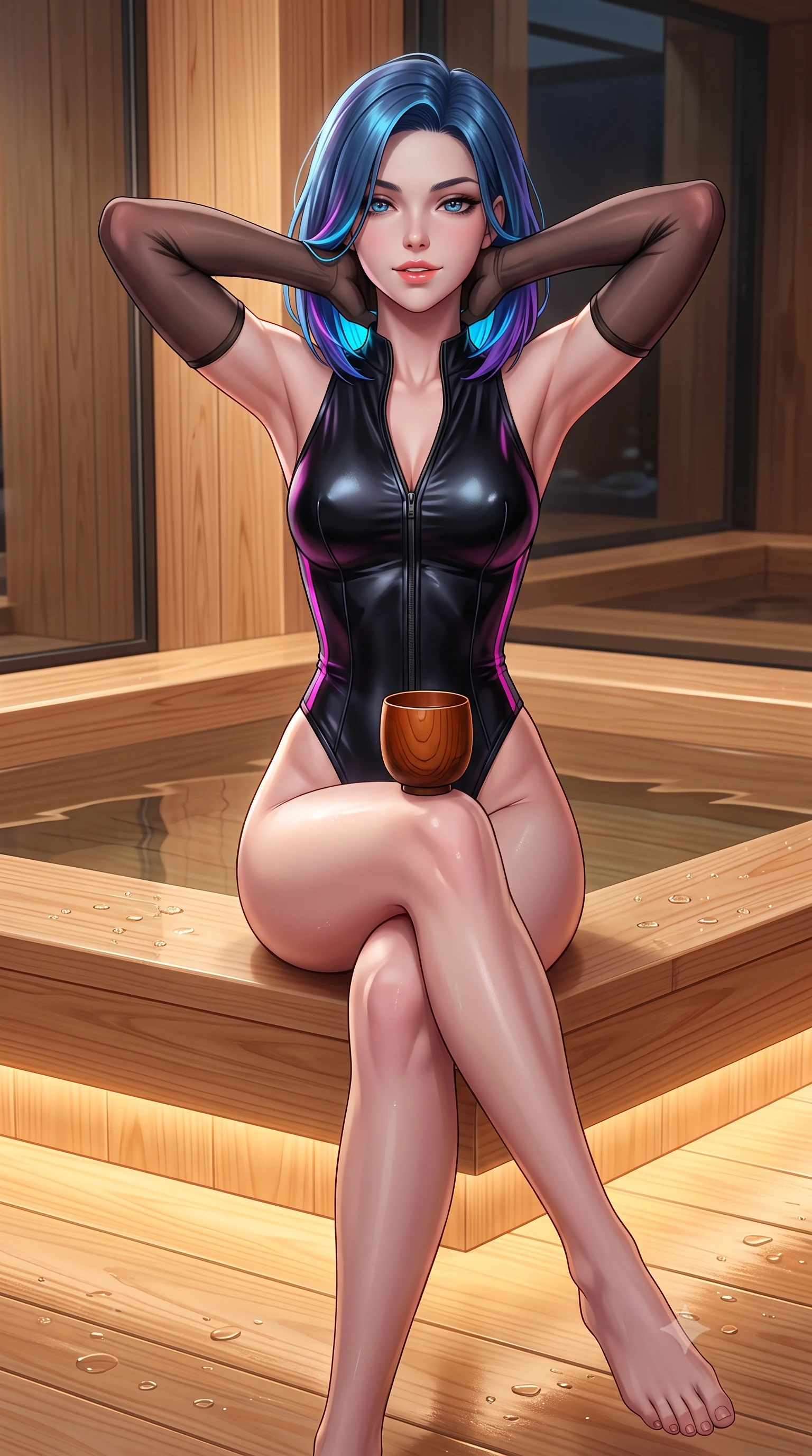 score_9, masterpiece, best quality, ultra-detailed, high-budget anime keyframe, semi-realistic 3D game render, editorial fashion photography, tasteful artistic composition, Caucasian woman. close-up cowboy shot from the waist and thighs up, the character dominates the composition, filling the frame with her large presence. resting both hands lightly behind her neck with elbows raised, arching her spine to highlight her narrow waist, flat midriff, and breathtaking collarbones while sitting perched on the wide hinoki wood rim with legs crossed, holding a lacquered wooden sake cup with an enchanting, parted-lip smile. The surrounding environment is rendered in vivid detail and crisp panoramic clarity: sharp straight grain of centuries-old Kiso hinoki wood, water droplet beads on polished wood, and glass reflection seams in deep focus. She has an exceptionally elegant, slender, and willowy female figure with an ultra-slim waist, flat toned midriff, narrow ribcage, and sculpted feminine hips creating an alluring, slim hourglass silhouette without bulk. sharp v-shaped jawline, high-bridge nose, sparkling eyes with hypnotic seductive depth, thick curled eyelashes, glossy parted lips with a natural dewy peach sheen, alluring bedroom-eyes with an enchanting coquettish smile, exuding magnetic siren charisma and sophisticated glamour, flawlessly proportioned anatomical accuracy, strict slender model proportions, natural body alignment, perfectly sculpted long slender limbs, ultra-slim waistline, clean dynamic posture without body distortion. wearing a form-contouring wet-look neoprene zip-front maillot with high-cut leg openings and racing side stripes in wet-look onyx black with electric magenta reflections, crafted from fluid liquid silk satin that clings smoothly to every curve with a dewy sheen, complemented by sheer opera-length evening gloves tracing her slender arms, the glove-like clinging cut tightly following the natural contour of her hips and long slender legs with youthful 8.5-heads elegance. bathed in soft 2700K concealed warm LED cove lighting glowing beneath the floating hinoki platform. highly saturated vibrant anime colors, detailed shading with soft gradients, rich glossy textures, high-contrast stereoscopic depth, volumetric dynamic lighting, master piece, 9:16 ratio